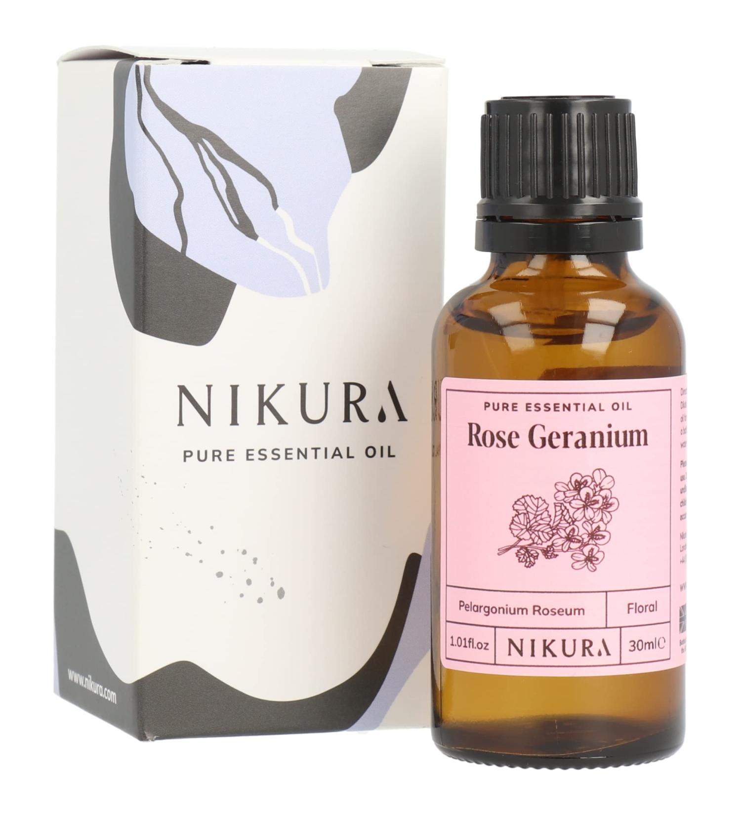 Nikura Rose Geranium Essential Oil 30ml - 100% Pure Natural Oils for Aromatherapy, Diffusers, and Self Care - Vegan & UK Made - Buy Online on GoSupps.com