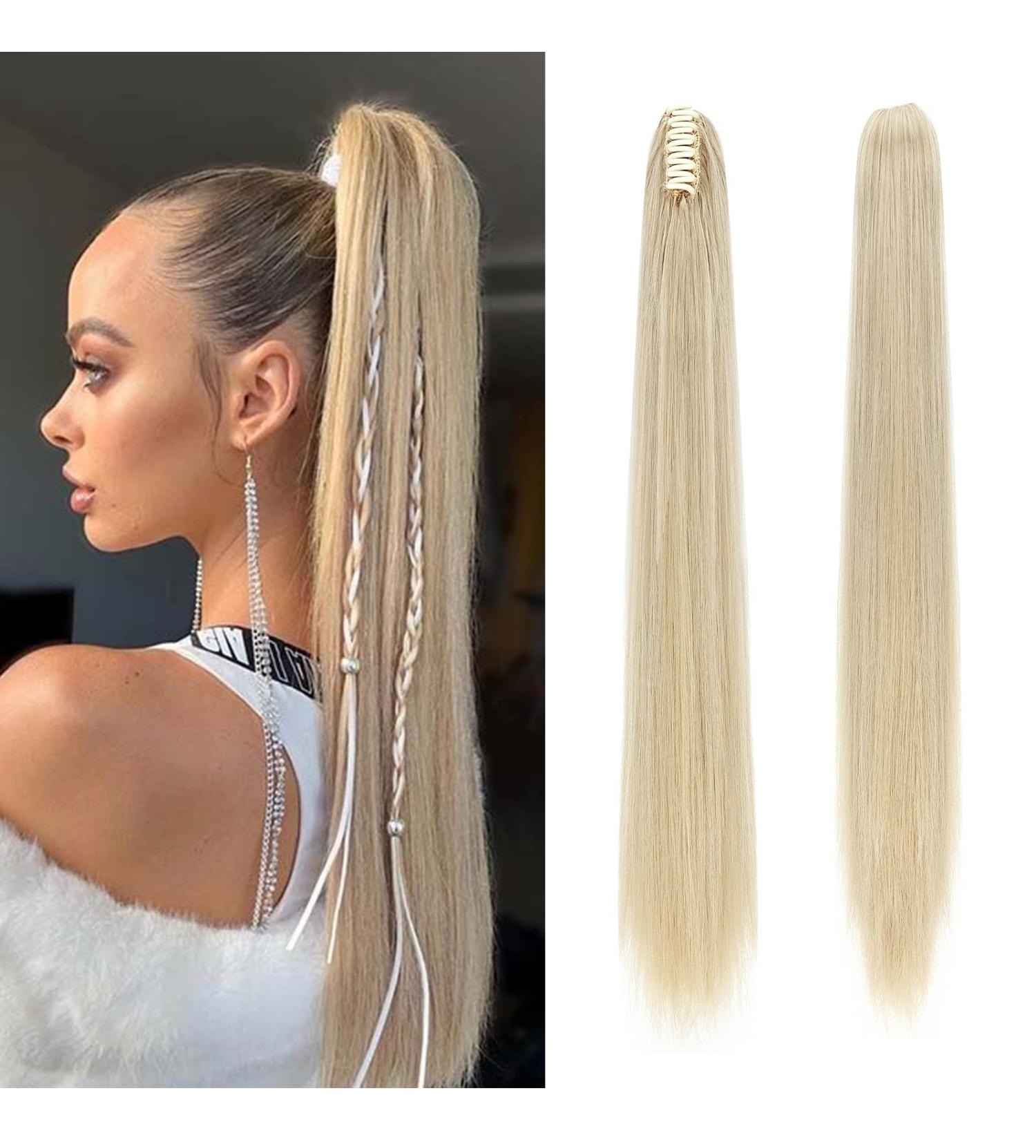 Silk-co 26 Straight Ash Blonde Mix Bleach Blonde Clip-In Ponytail Extension - Buy Online on GoSupps.com