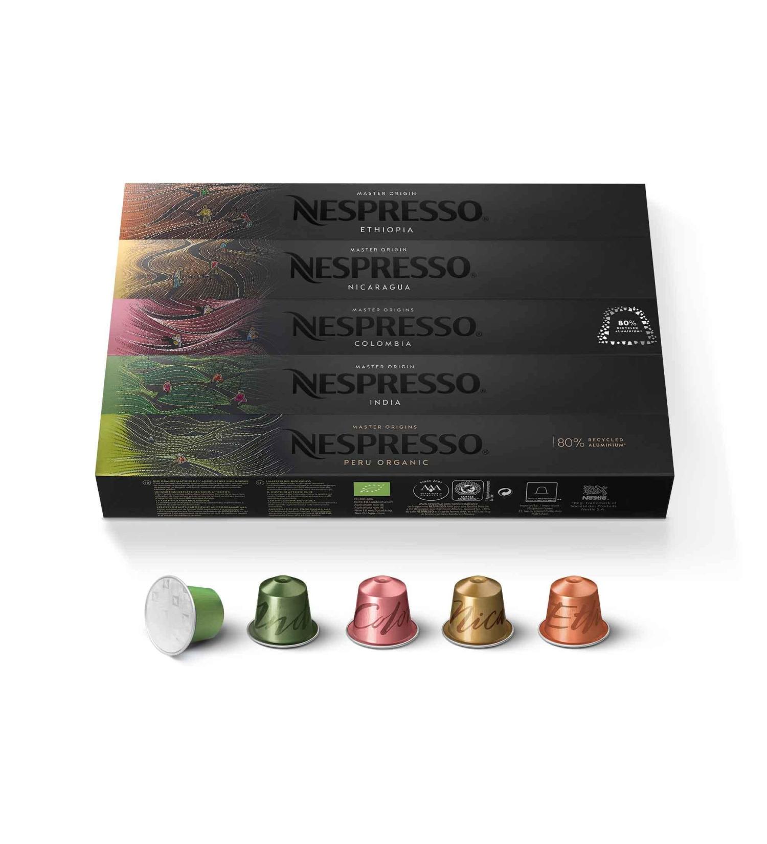 Nespresso Nespresso Original Master Origins Assortment of 50 Coffee Capsules - 10x Peru Organic 10x India 10x Colombia 10x Nicaragua 10x Ethiopia