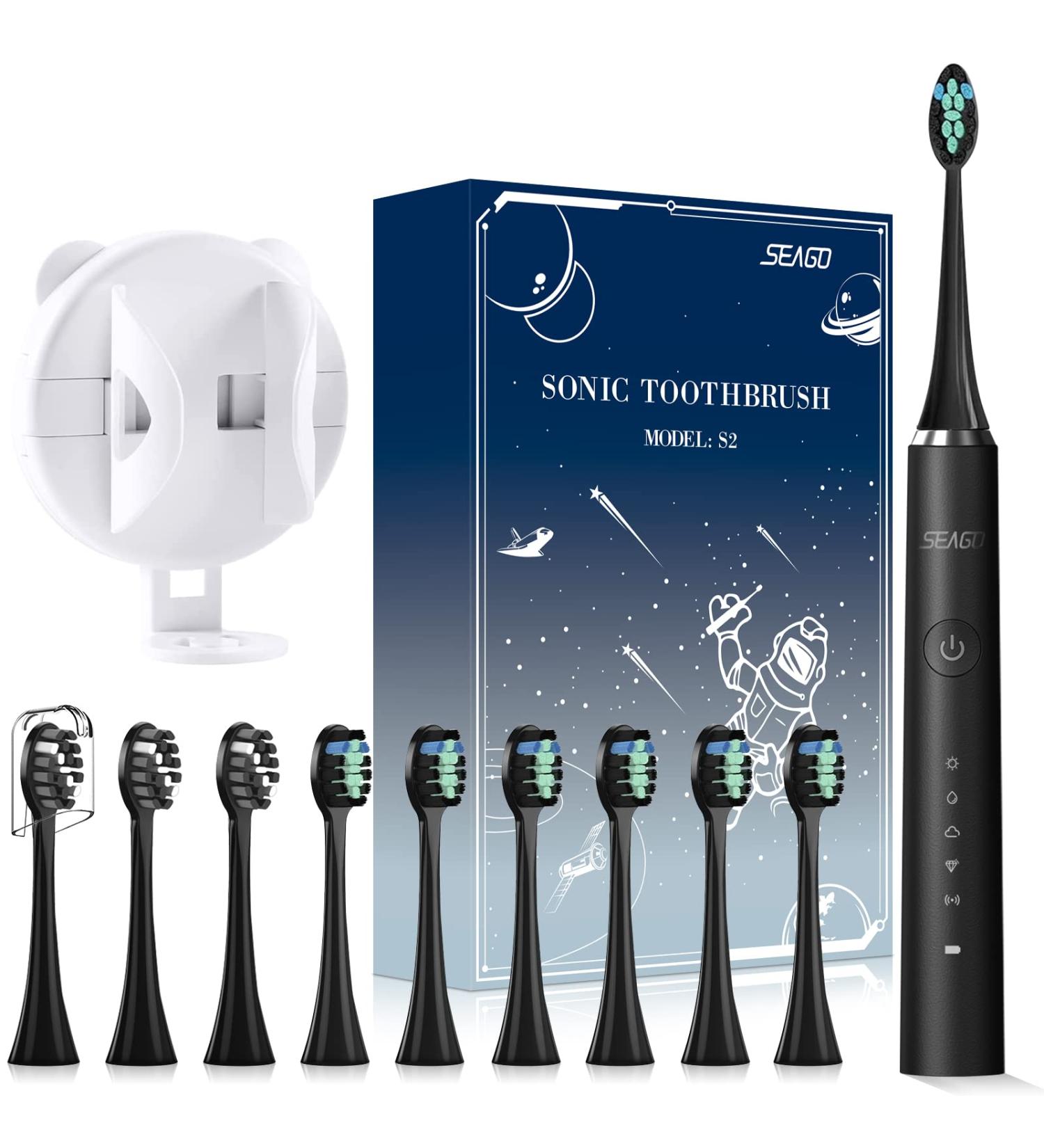 Seago S2 Electric Toothbrush - 10 Brush Heads 5 Modes Timer & Holder for Adults & Kids - Rechargeable Sound Toothbrush (Black) - Buy Online on GoSupps.com