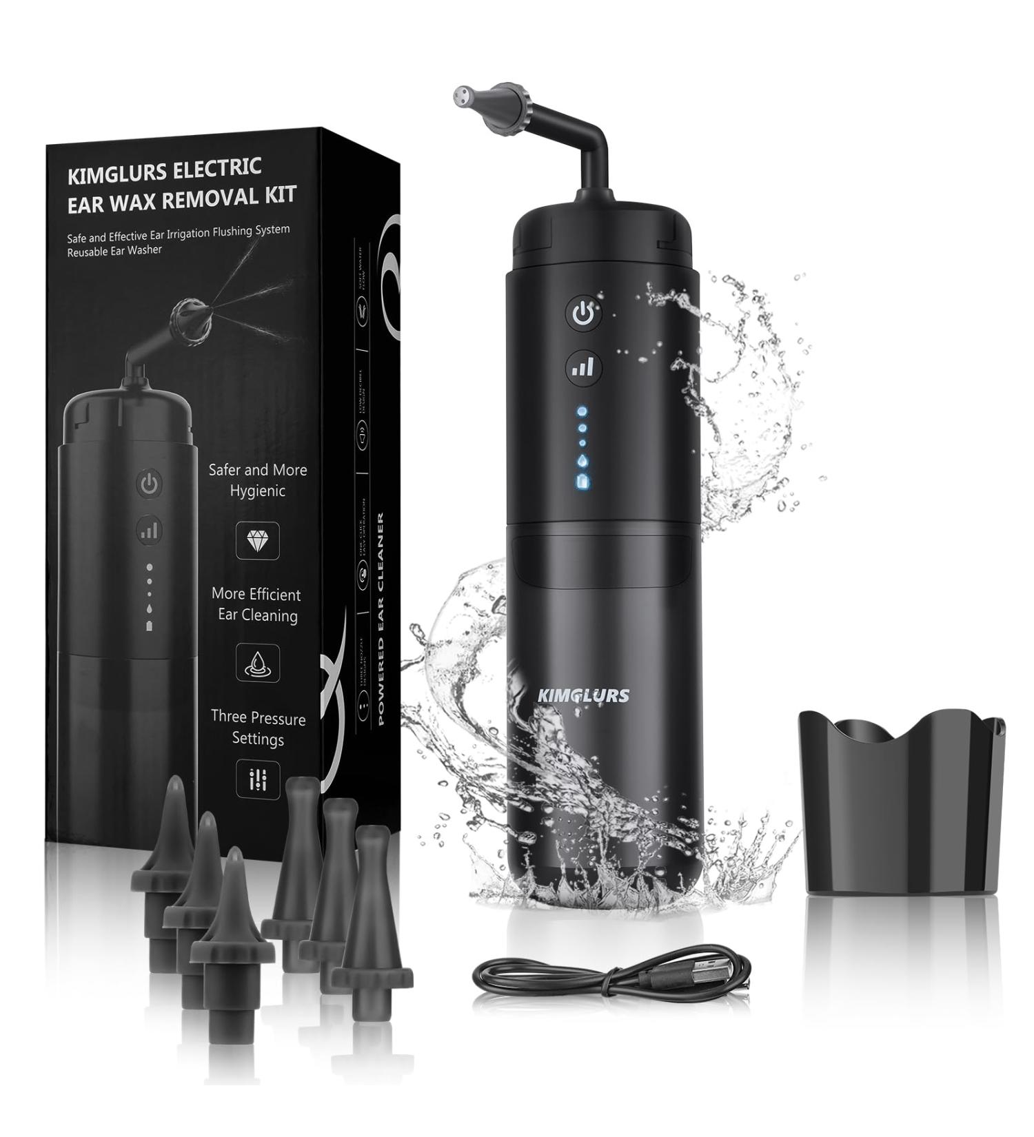 Water Powered Ear Wax Removal Kit - Electric Ear Cleaner with 3 Pressure Modes for Adults & Kids - Includes Basin & 6 Tips (Black) - Buy Online on GoSupps.com