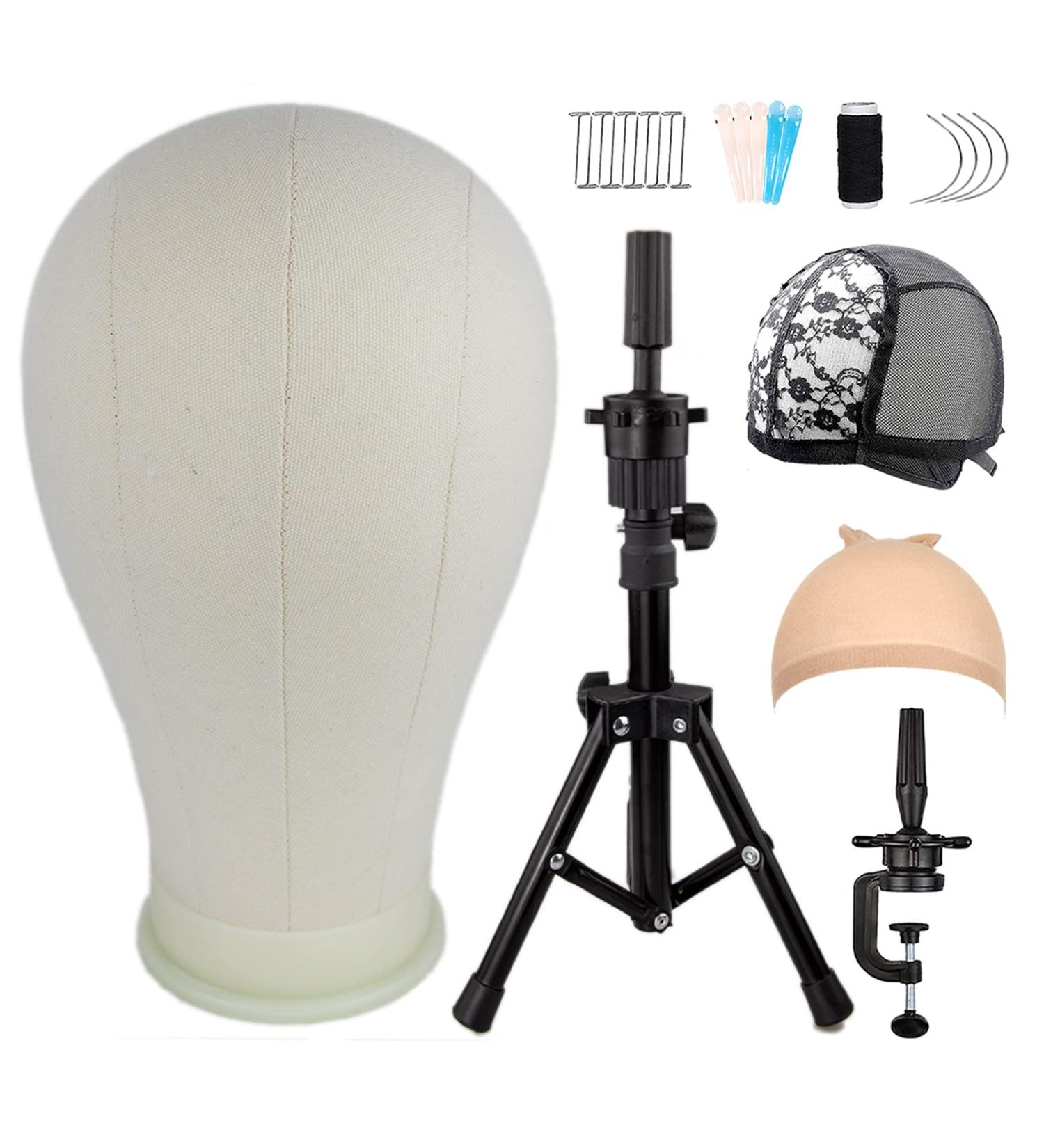 LUNGCYX 23 Inch Wig Head Stand Tripod Set for Wigs Making Display - Mannequin Canvas Block Head, T-pin, Wig Cap, Adjustable Bracket - Tripod Tool Holder for Mounting - Buy Online on GoSupps.com