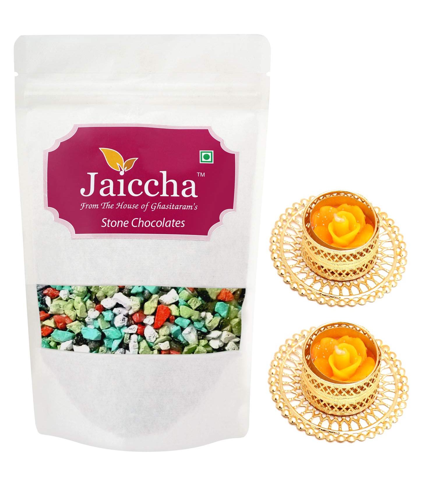 Jaiccha Ghasitaram Diwali Gifts Chocolate - Stone/ Rock Chocolates 200 GMS in White Paper Pouch with 2 T-Lites - Buy Online on GoSupps.com
