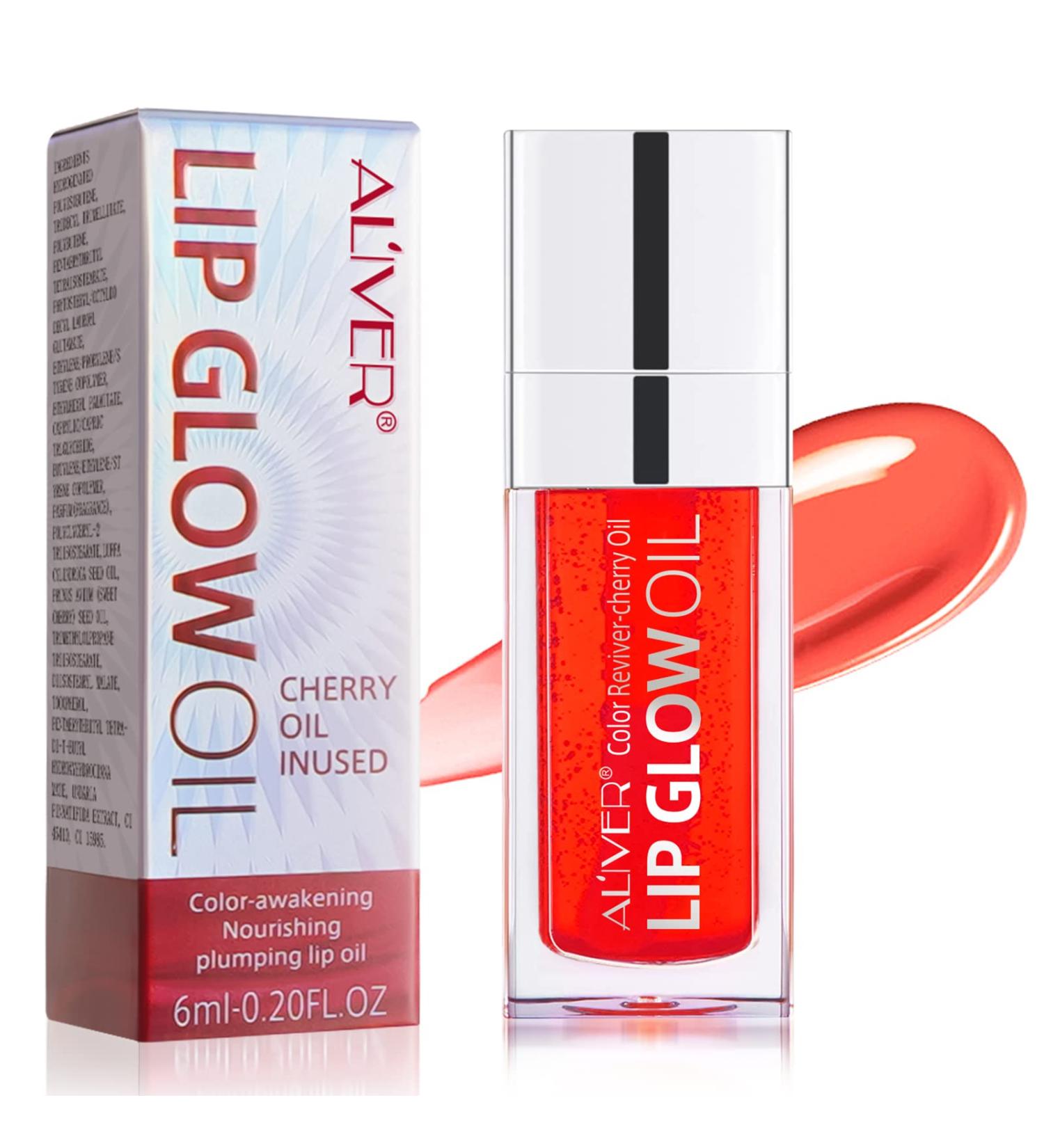 Hydrating Plumping Lip Oil Tinted Gloss & Balm for Dry Lips - Non-Sticky, Long-Lasting Shine with Big Brush Head Glitter Primer Lip Tint (04Cheery) - Buy Online on GoSupps.com