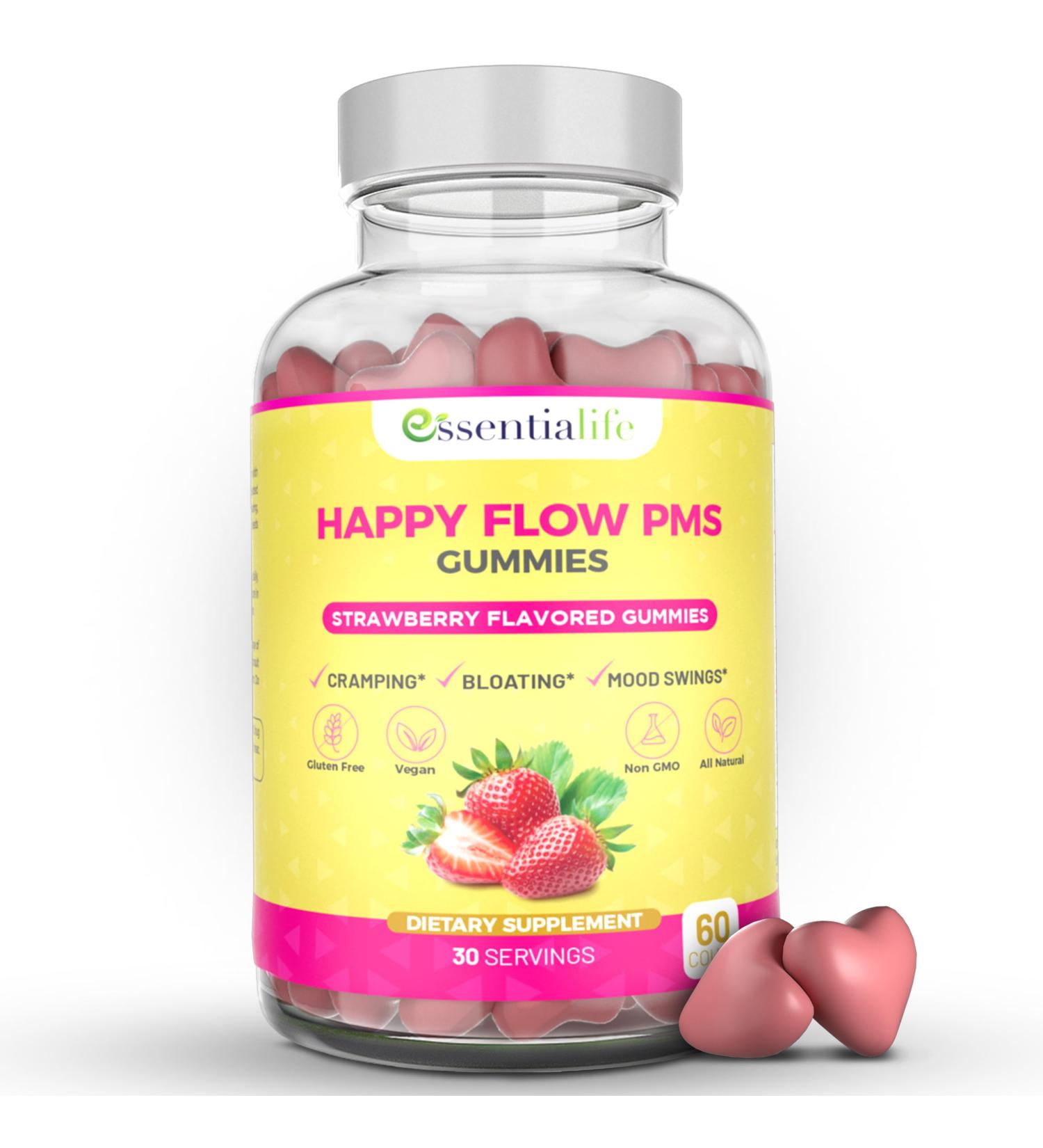Happy Flow Strawberry Chewable PMS Gummies | Hormone Balance Chasteberry Supplement with Dong Quai & Vitamin B6 | Period Relief for Women (60 Count) - Buy Online on GoSupps.com
