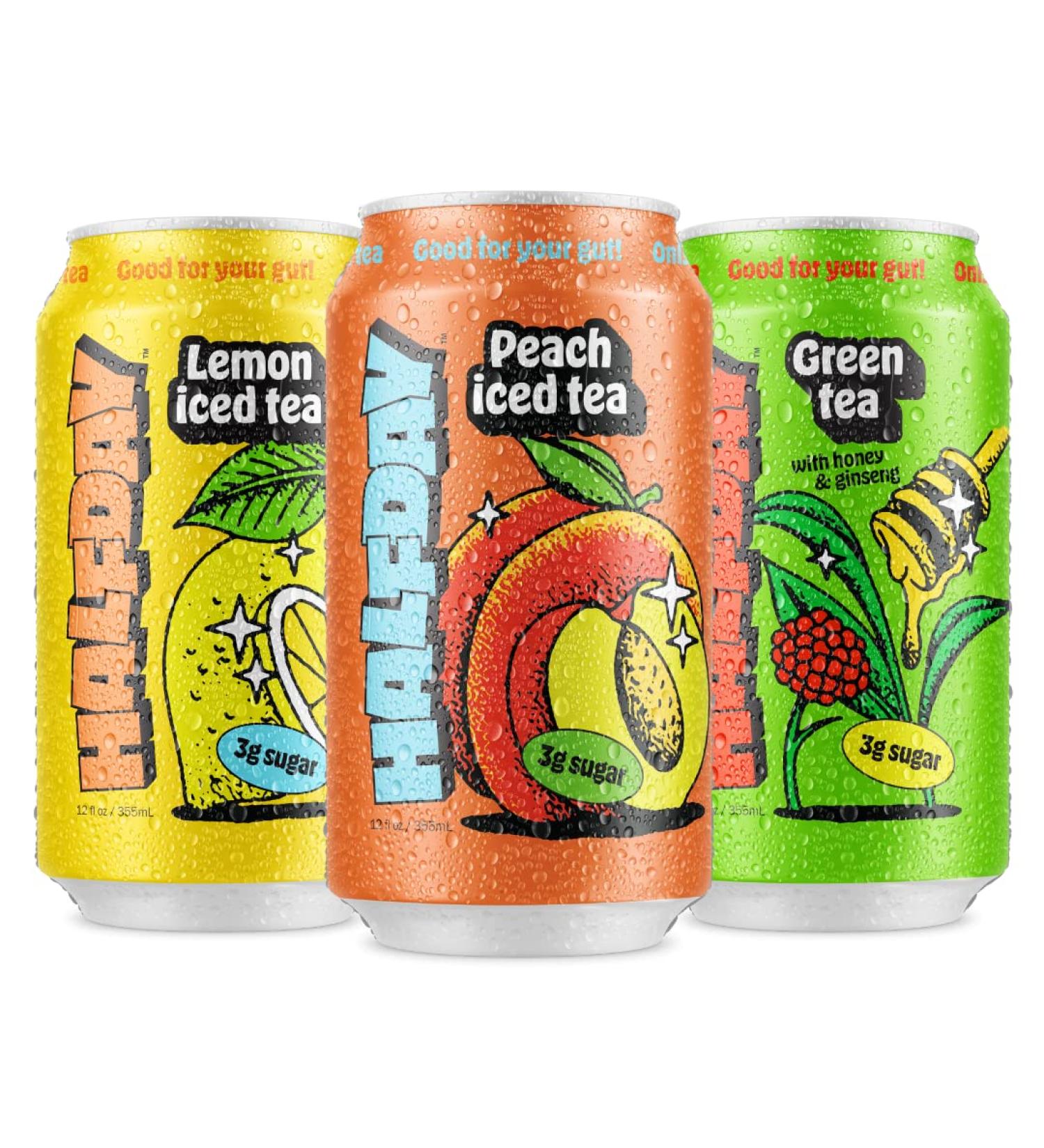 Halfday Prebiotic Iced Tea Variety 12-Pack - Nostalgic Flavor, Low Sugar, Incredible Taste - Paleo & Gluten Free Gut Health Drinks - Lightly Sweetened Healthy Canned Tea - 12 fl oz - Buy Online on GoSupps.com