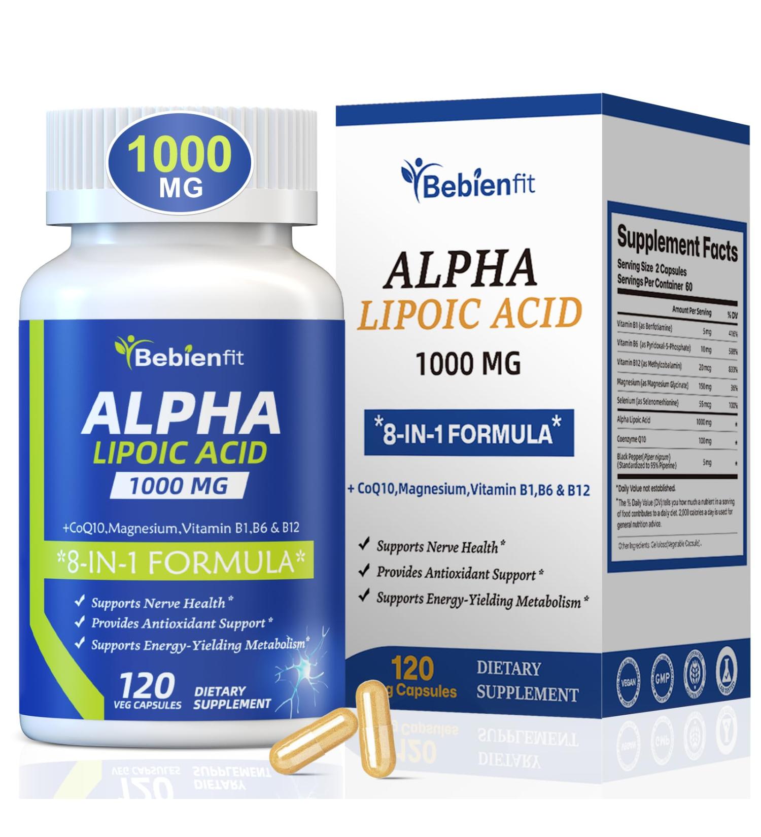 Alpha Lipoic Acid 1000mg Neuropathy Supplements Capsules 8-IN-1 ALA for Nerve Health in Hands & Feet Nervous System and Antioxidant with Magnesium Glycinate CoQ10 & B1 B6 B12 Vegan 120 Caps 120 Count - Buy Online on GoSupps.com