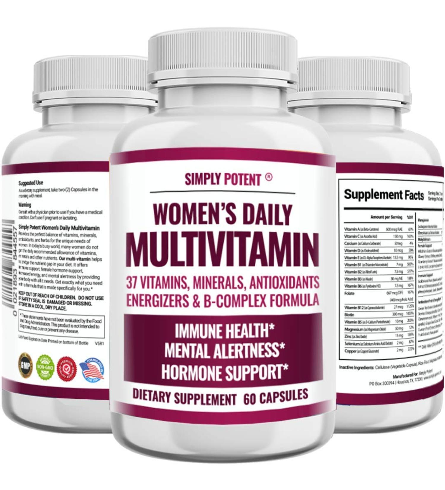 Women's Multivitamin with 37 Essential Vitamins & Minerals - Hair, Skin, Nails, Energy, and Immune Support - 60 Capsules - Buy Online on GoSupps.com