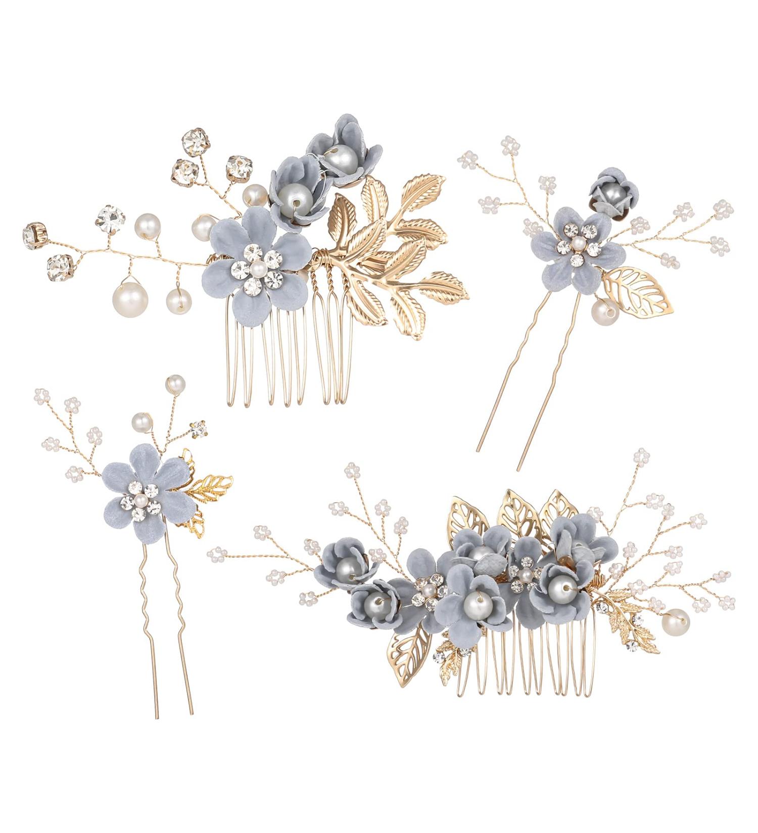 Rhinestone Wedding Hair Comb Set - Pearl Crystal Bride Accessories in Rose Gold - Grey - Set of 4 - Buy Online on GoSupps.com