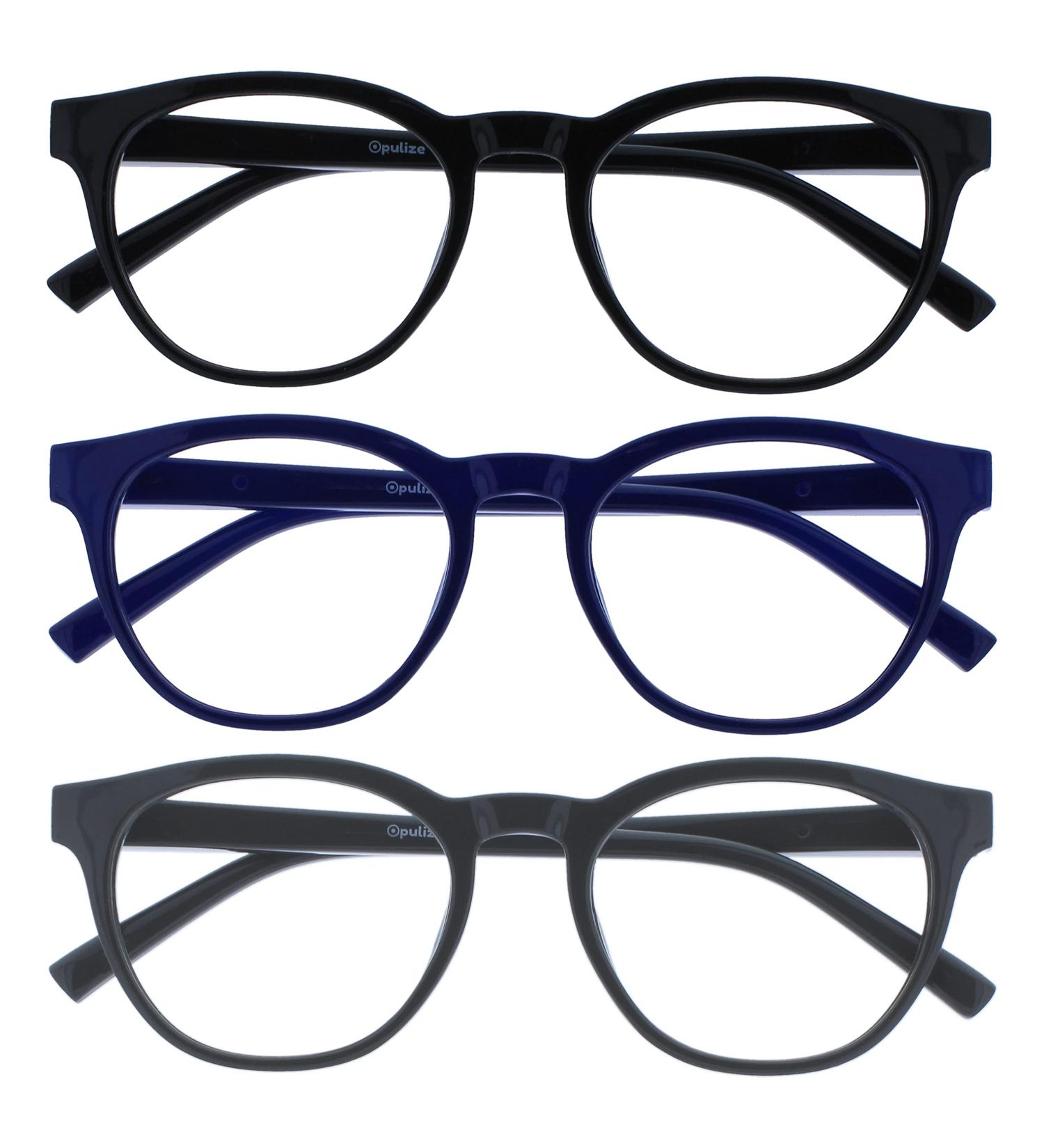 Opulize Blu - 3 Pack Blue Light Filtering Reading Glasses with Court Frame & Feder Hinges | +2.50 Diopters | Unisex Black/Blue/Gray | Perfect for Sleep Gaming & Computer Use - Buy Online on GoSupps.com