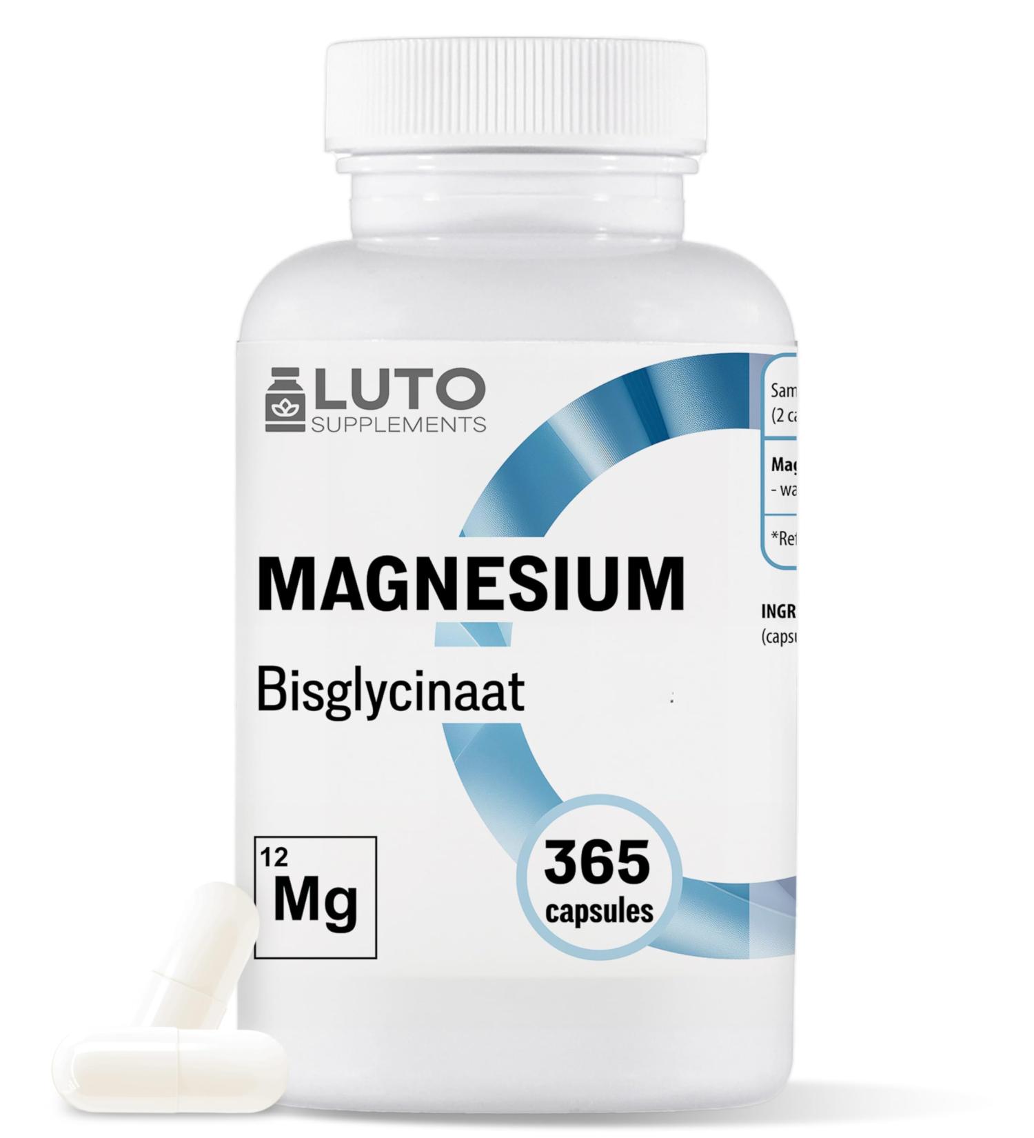 Magnesium glycinate 365 capsules 186 mg elemental magnesium per daily dose bisglycinateglycinate LUTO Supplements - Buy Online on GoSupps.com