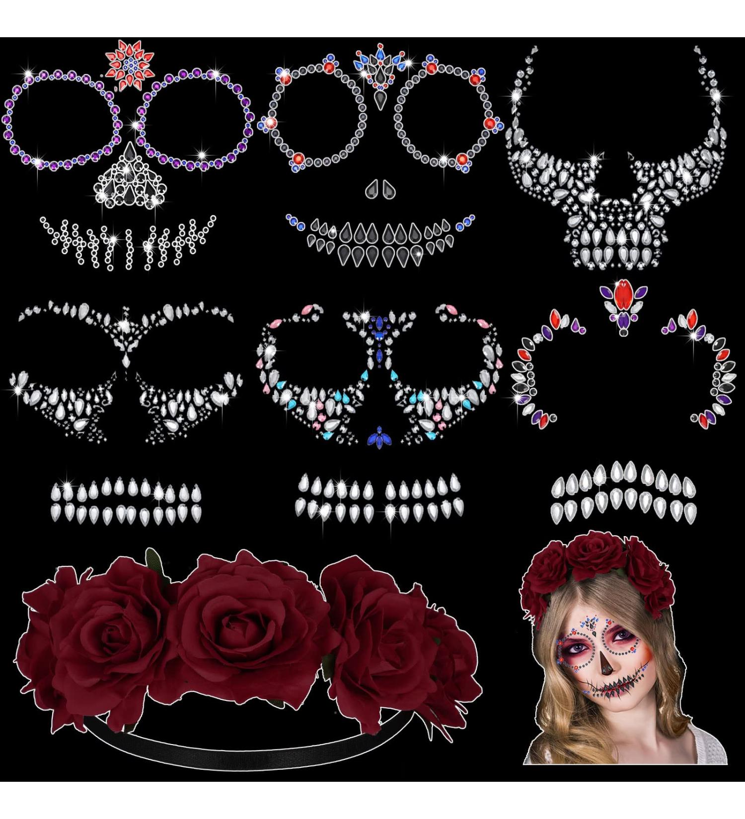Chunyin Day of the Dead Face Gems Tattoo Set with Red Rose Floral Crown - Halloween Makeup Rhinestone Stick-on Skull Stickers for Women - Buy Online on GoSupps.com
