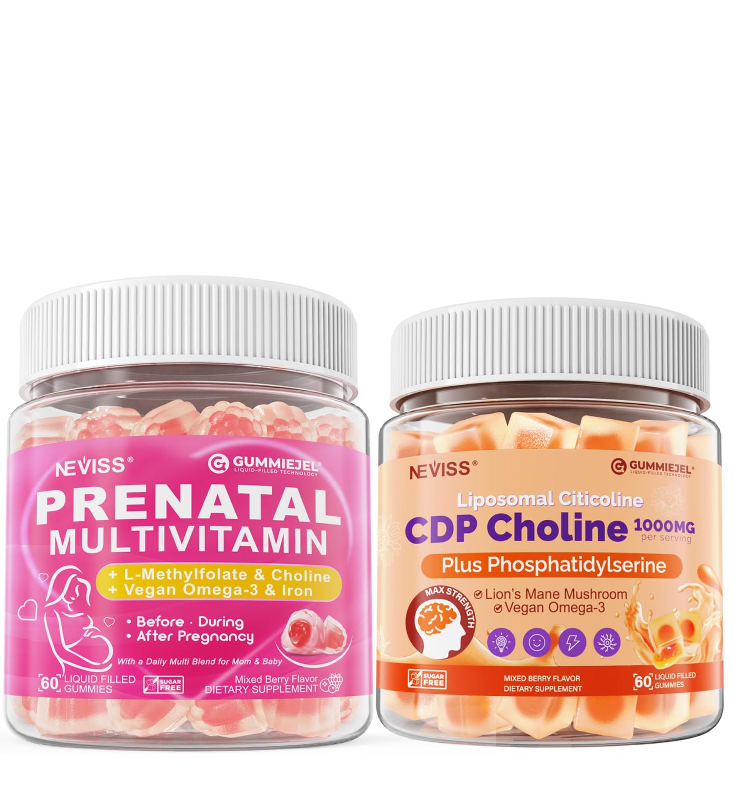 NEVISS Prenatal Vitamins for Women Multivitamin Gummies w/Methylfolate 1mg Choline Omega-3(DHA+EPA) Iron + Citicoline 1000mg CDP Choline Gummies & Phosphatidylserine 300mg - Buy Online on GoSupps.com
