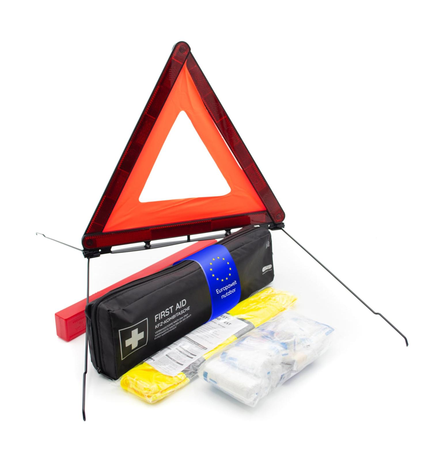 Motor Pocket Kit with Warning Triangle & Vest - DIN 13164:2022 | First Aid Set for Cars & Motorcycles | Long Format Association Bag - Valid for 2024 - Buy Online on GoSupps.com