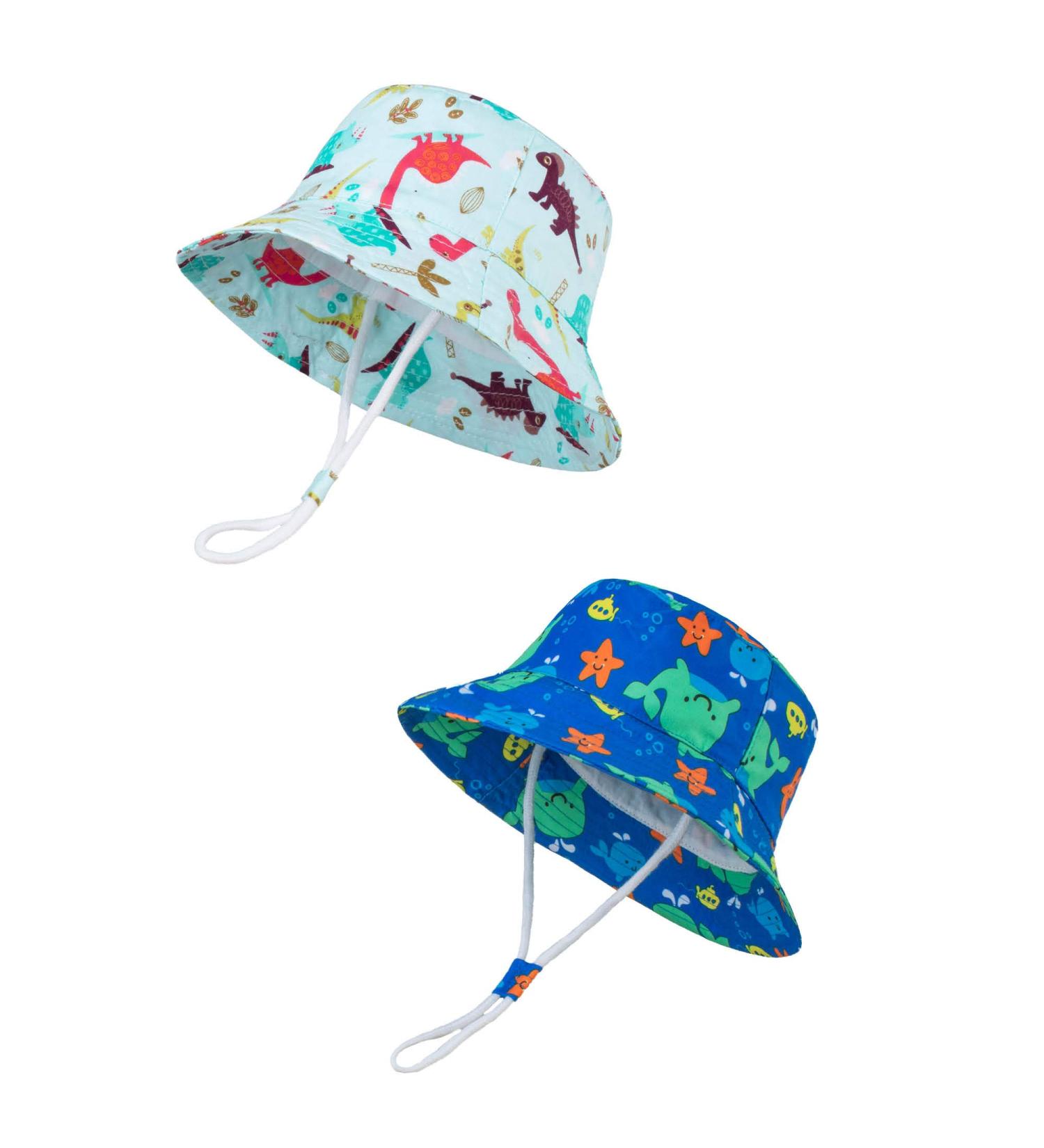 Adjustable Beach Sun Hat for Toddler Girls | Wide Brim Kids Summer Play Hat with Chin Strap | Colorful Dinosaur+Blue-Whale Design | 2-4 Years - Buy Online on GoSupps.com