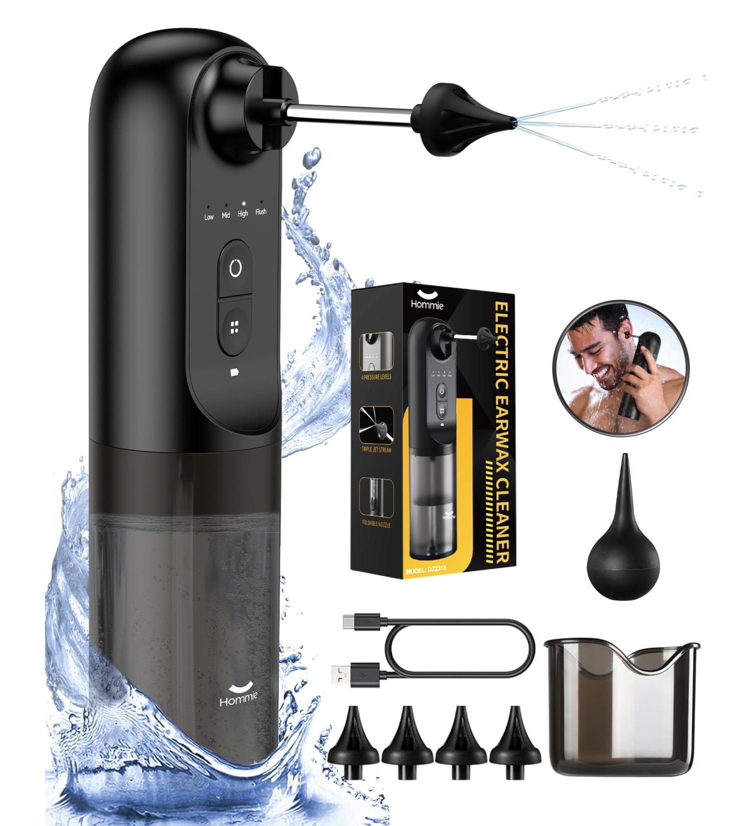 Hommie Electric Ear Wax Removal System Water Powered Ear Cleaning Tool with Irrigation Flusher 4 Tips 4 Pressure Settings for Ear Wax Flushing and Cleaning - Buy Online on GoSupps.com