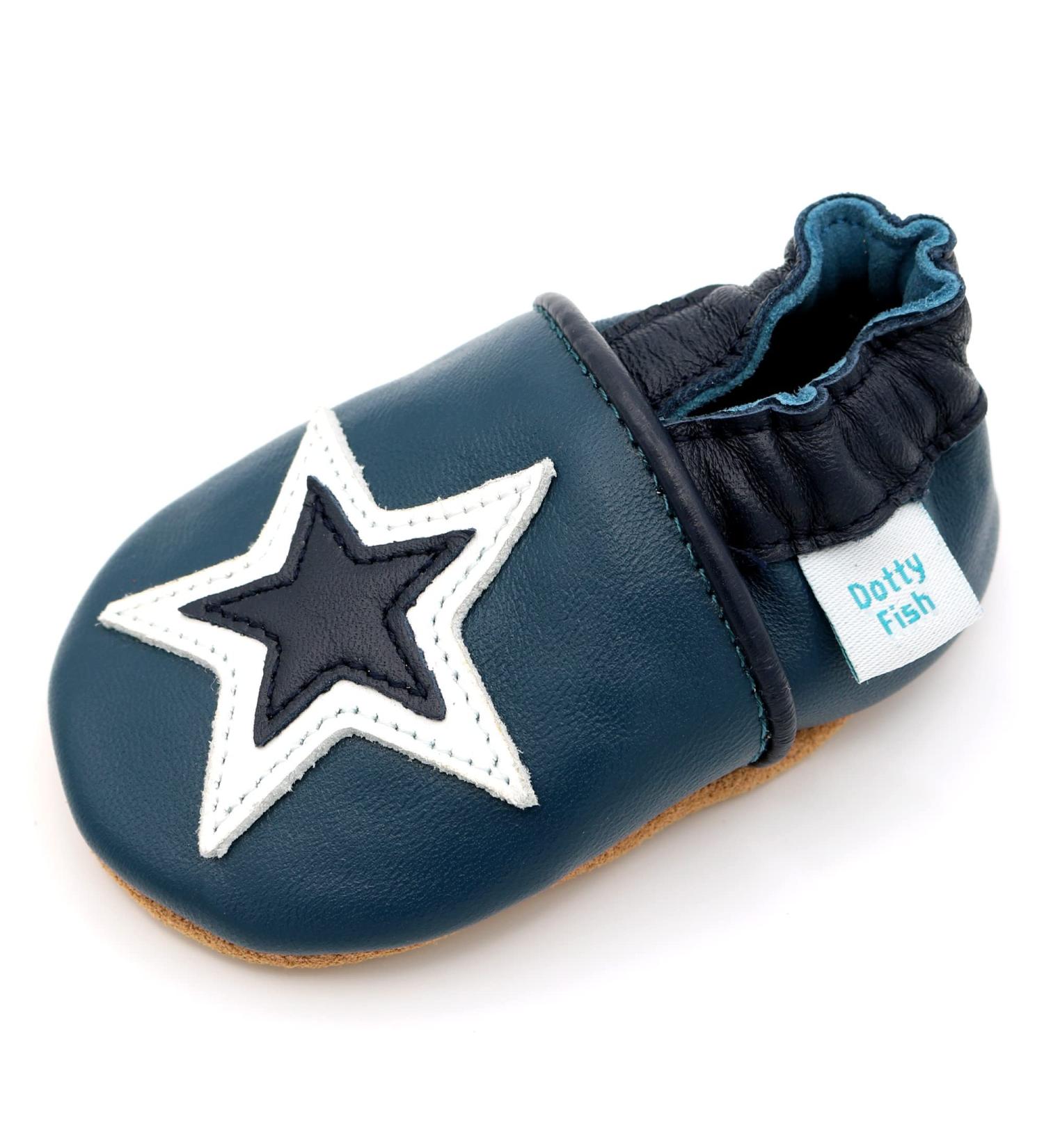 Dotty Fish Soft Leather Baby Shoes | Non-Slip Suede Soles | Toddler Shoes for Boys | Navy and White Star Design | Sizes 0-6 Months to 4-5 Years - Buy Online on GoSupps.com