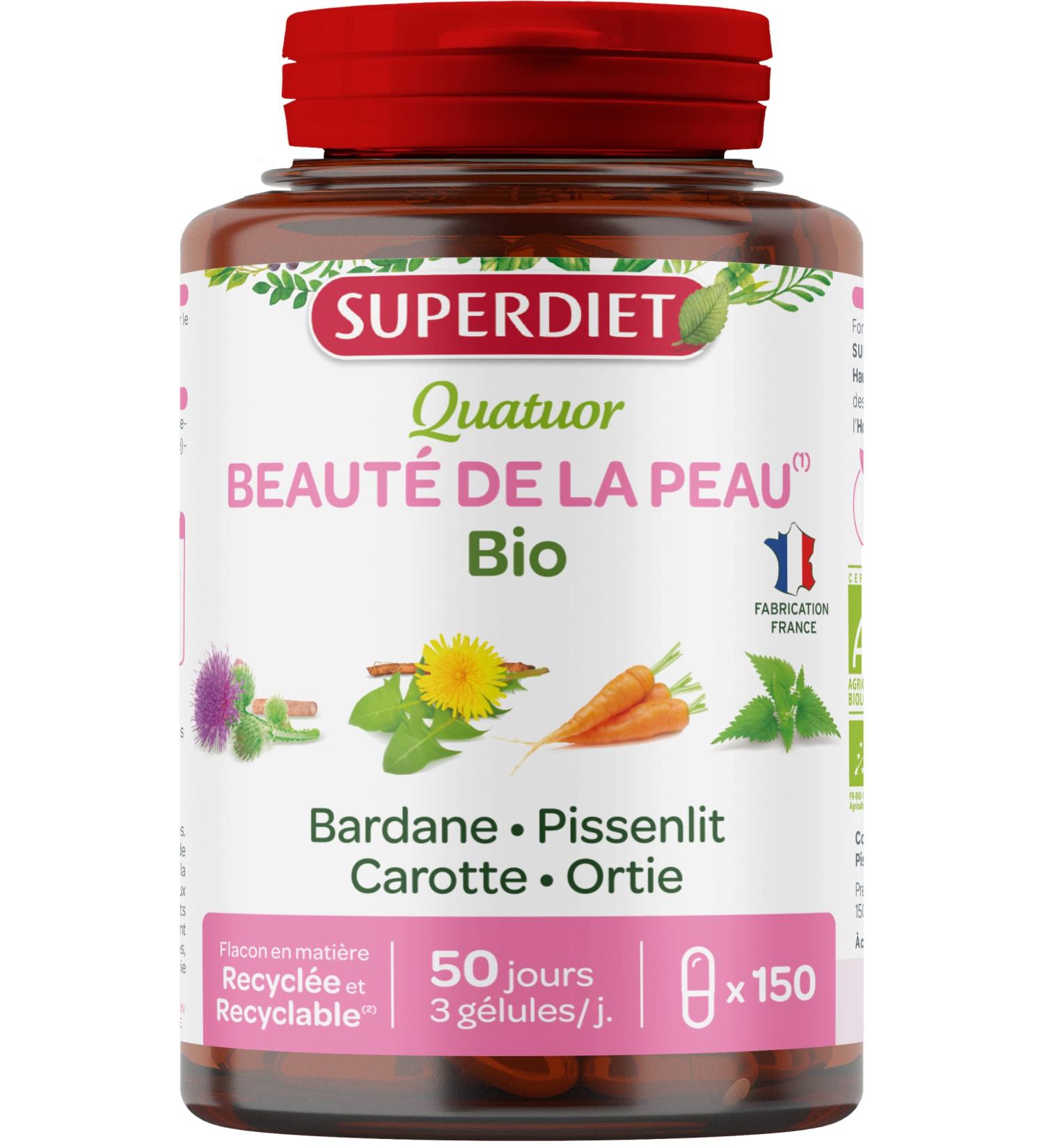 SUPERDIET - ORGANIC SKIN BEAUTY QUARTET - Burdock Nettle Dandelion Carrot -Phytotherapy -Made in France - 150 capsules - Buy Online on GoSupps.com