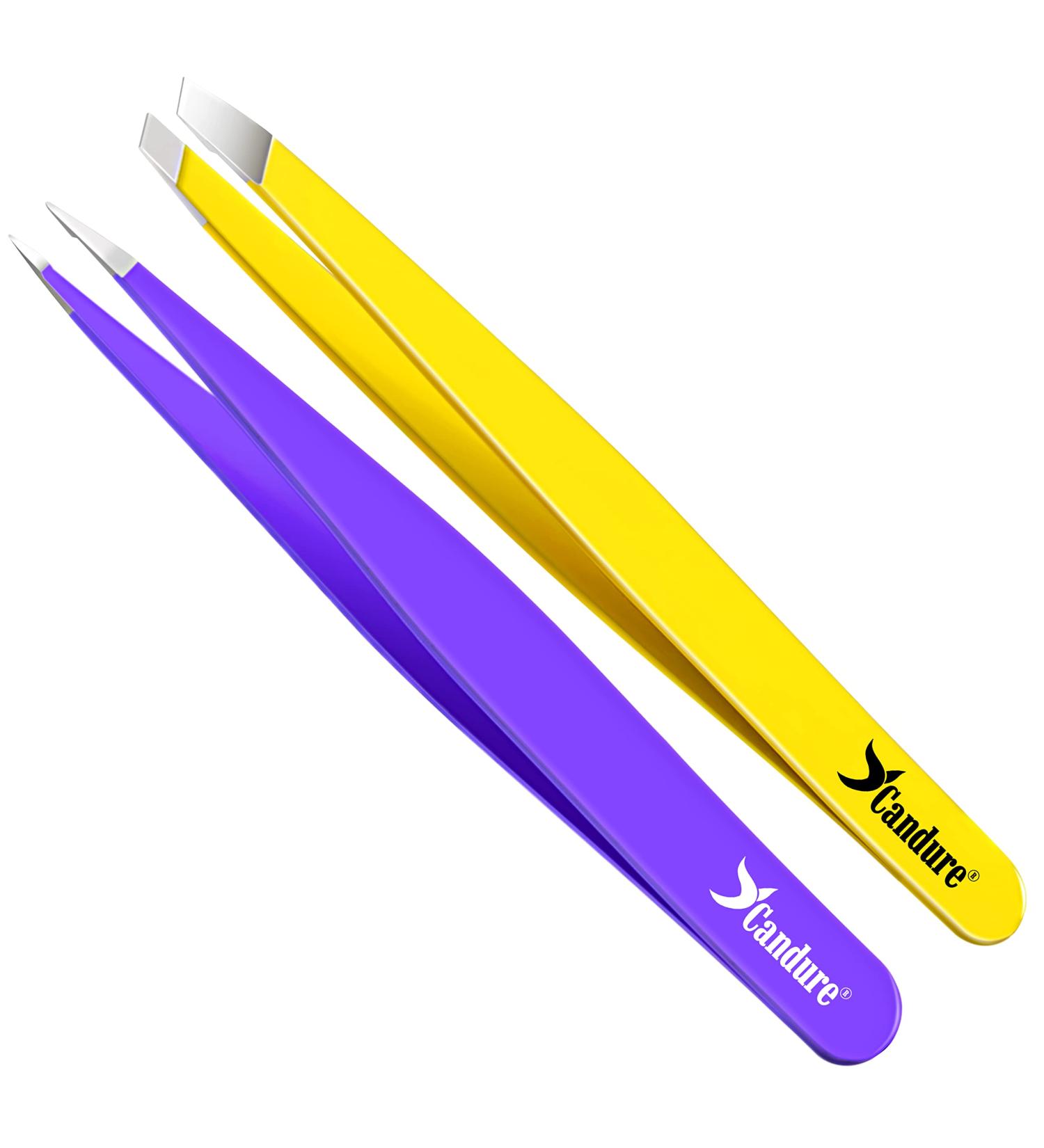 Professional Stainless Steel Eyebrow Tweezers - Precision Pointed Pincettes for Plucking Ingrown Hair | Candure 2PC Set (Yellow & Purple) - Buy Online on GoSupps.com