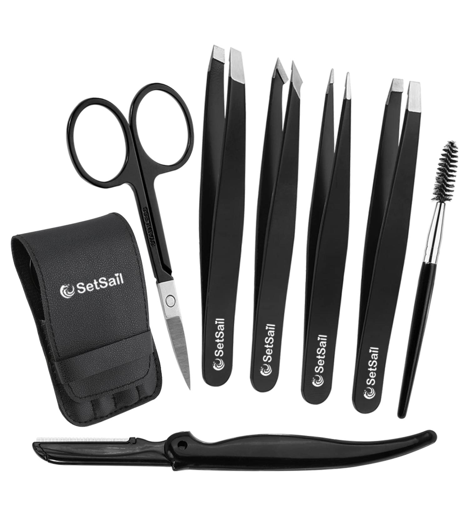 SetSail 7-Pack Precision Stainless Steel Tweezers for Women - Professional Eyebrow Kit with Case for Shaping and Hair Removal - Black - Buy Online on GoSupps.com