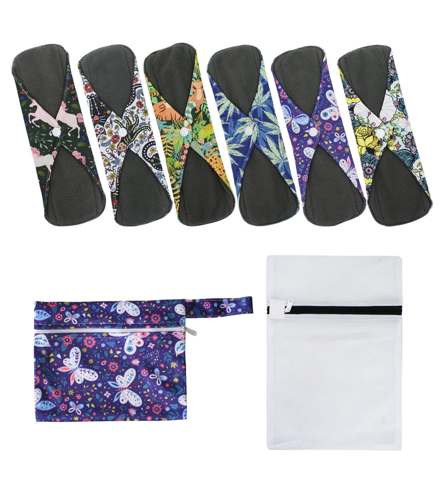 6 Pack Cloth Menstrual Pads with Charcoal Bamboo Lining - Reusable & Waterproof Sanitary Napkin Pads for Women with Wet Bag & Laundry Bag - Buy Online on GoSupps.com