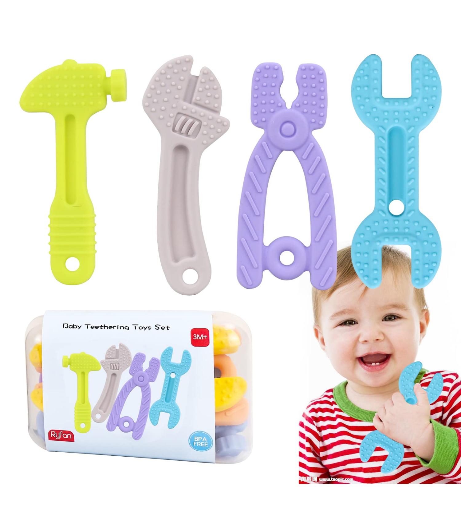Ryfan Baby Teething Toys - BPA Free Silicone Toolbox Teether Car Seat Toys (4-Pack) - Includes Storage Box and 2 Pacifier Clips - Ideal for Babies 0-12 Months - Buy Online on GoSupps.com