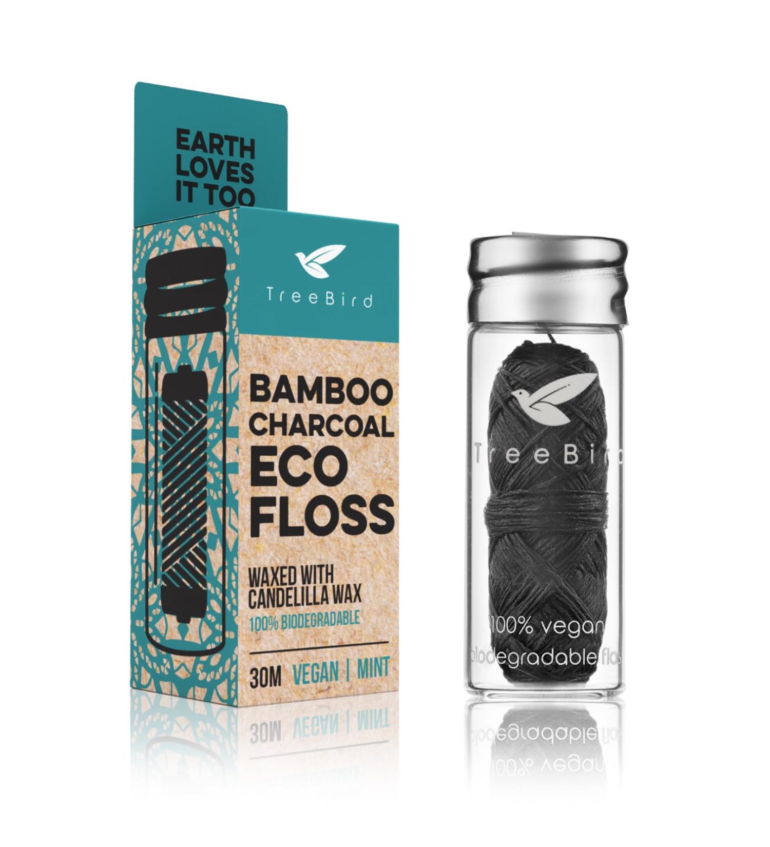 Organic Biodegradable Bamboo Charcoal Dental Floss - Vegan Eco-Friendly Mint Flavored | Refillable Glass Holder & Zero Waste Oral Care - Buy Online on GoSupps.com