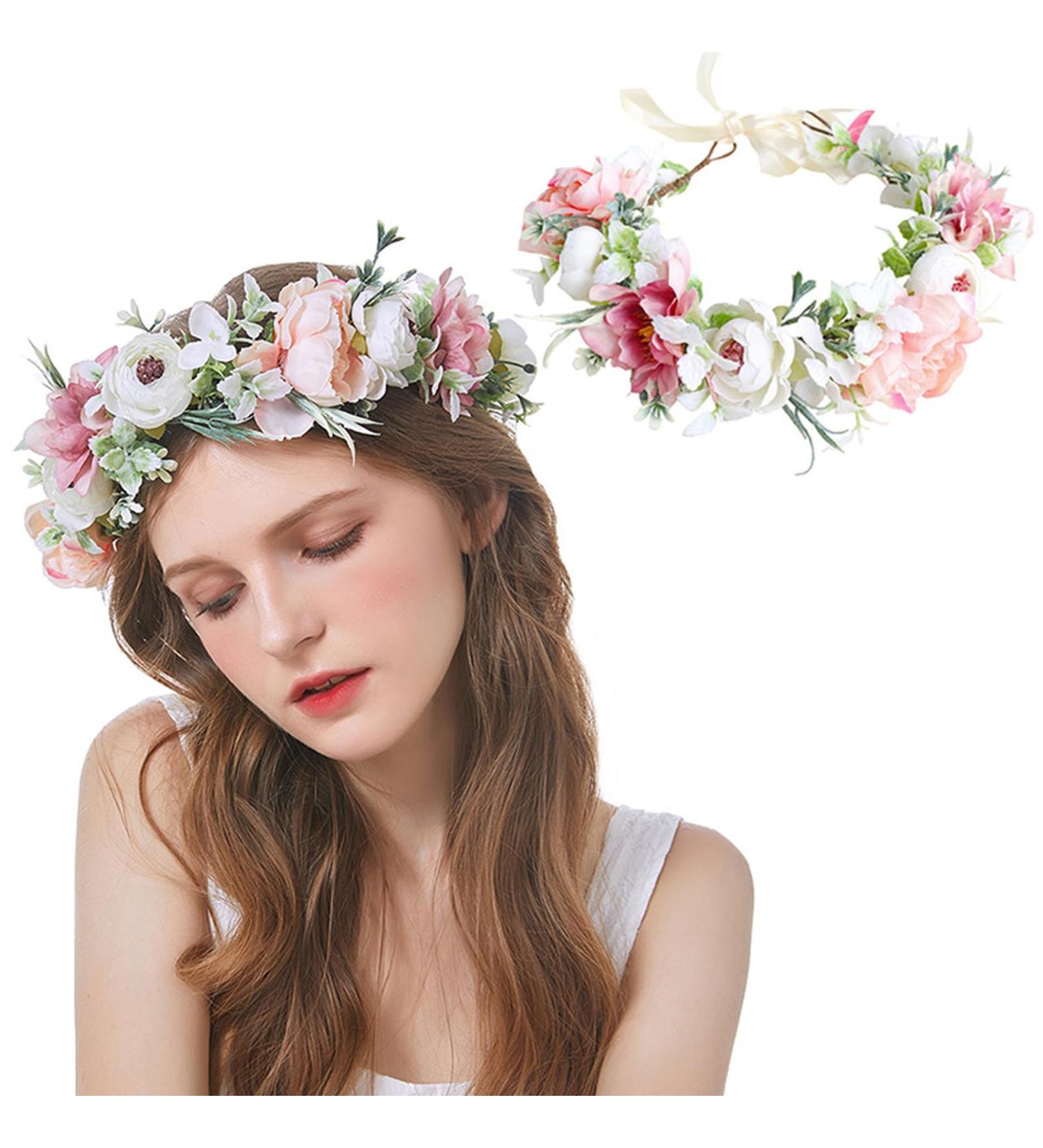 AWOCAN Women Flower Crown Headband Flower Headpiece Floral Crown Wedding Bridal Hair Garland Adjustable Flower Hair Wreath Crown for Women (WHITE+PINK-A) - Buy Online on GoSupps.com