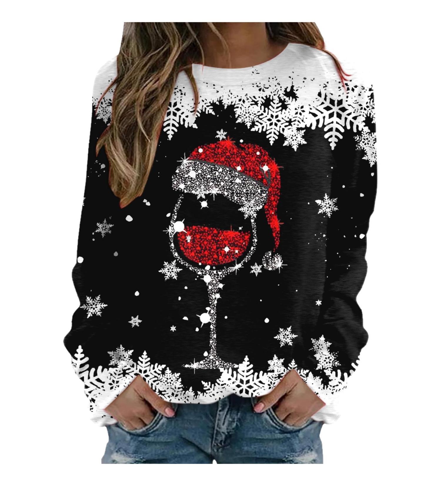 Women's Christmas Snowman & Penguin Print Sweatshirt | O-Neck Raglan Pullover | Cozy Xmas Jumper | Black, Size S - Buy Online on GoSupps.com