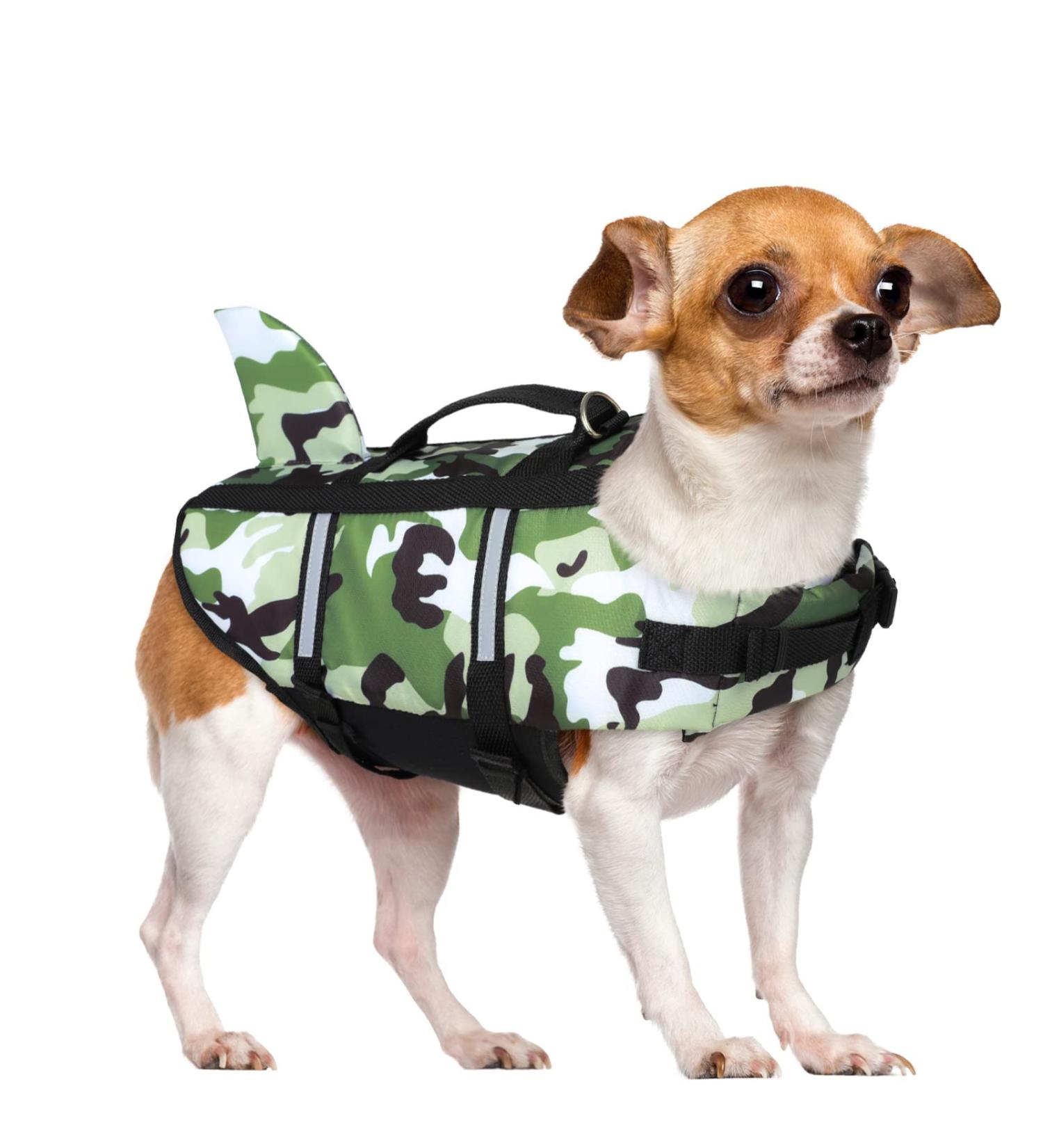 Queenmore Dog Life Jacket - High Buoyancy Camouflage Shark Design for Boating, Canoeing, Surfing - S Small Green - Buy Online on GoSupps.com