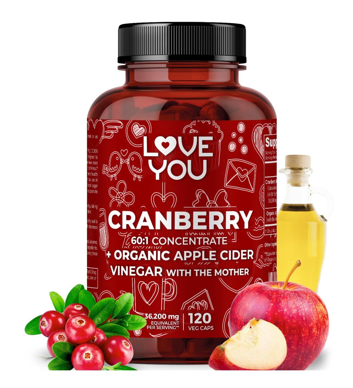 Love You Cranberry 60:1 Extract + Organic Apple Cider Vinegar Max Strength 36,200 mg Equivalent 120 Vegan Capsules Urinary Tract & Digestive Support - Buy Online on GoSupps.com