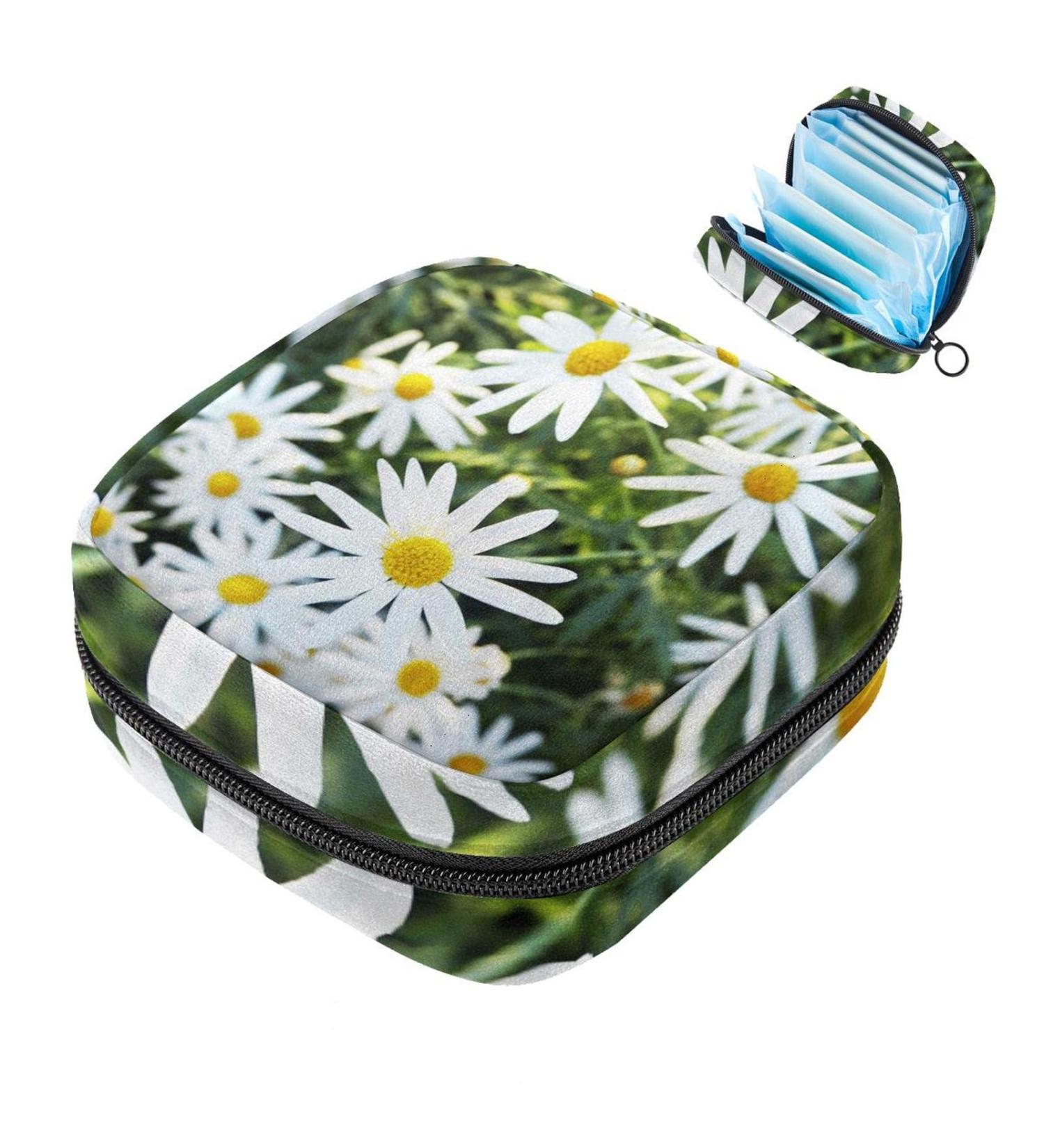 Buy Stylish Menstruation Pad Bag with Zipper | Women's Napkin & Tampon Collecting Bags - Daisy & Chamomile Design - Buy Online on GoSupps.com