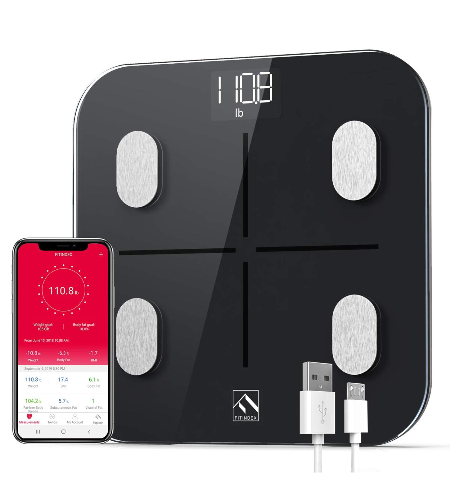 FITINDEX Smart Body Fat Scale | BMI Bathroom Scale with App | Digital Body Composition Analyzer | Rechargeable Weight Monitor - Buy Online on GoSupps.com