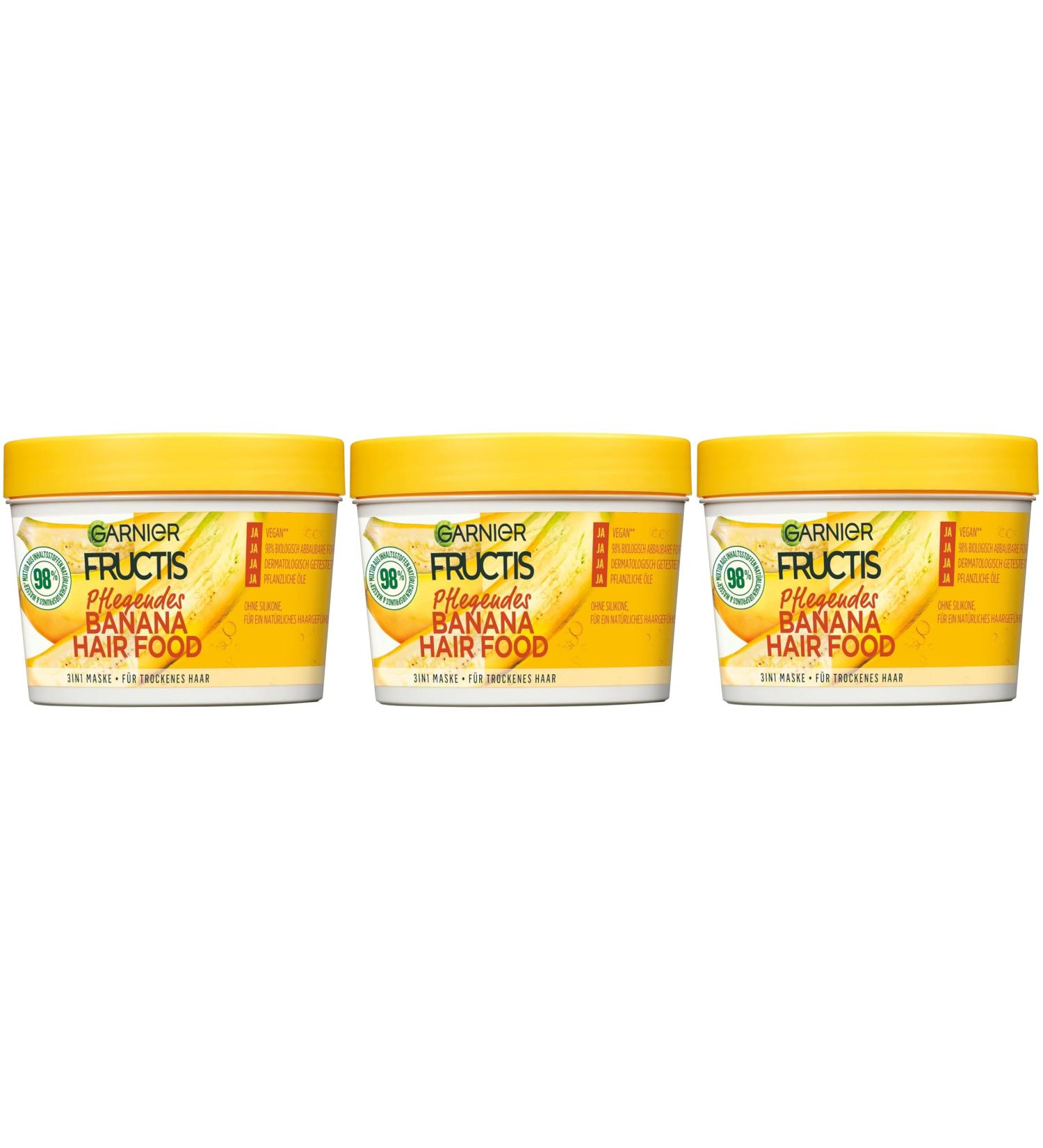 Garnier Fructis Hairfood Banana 3-in-1 Moisturizing Mask for Dry Hair, Nourishes and Softens Hair (3 x 390 ml)