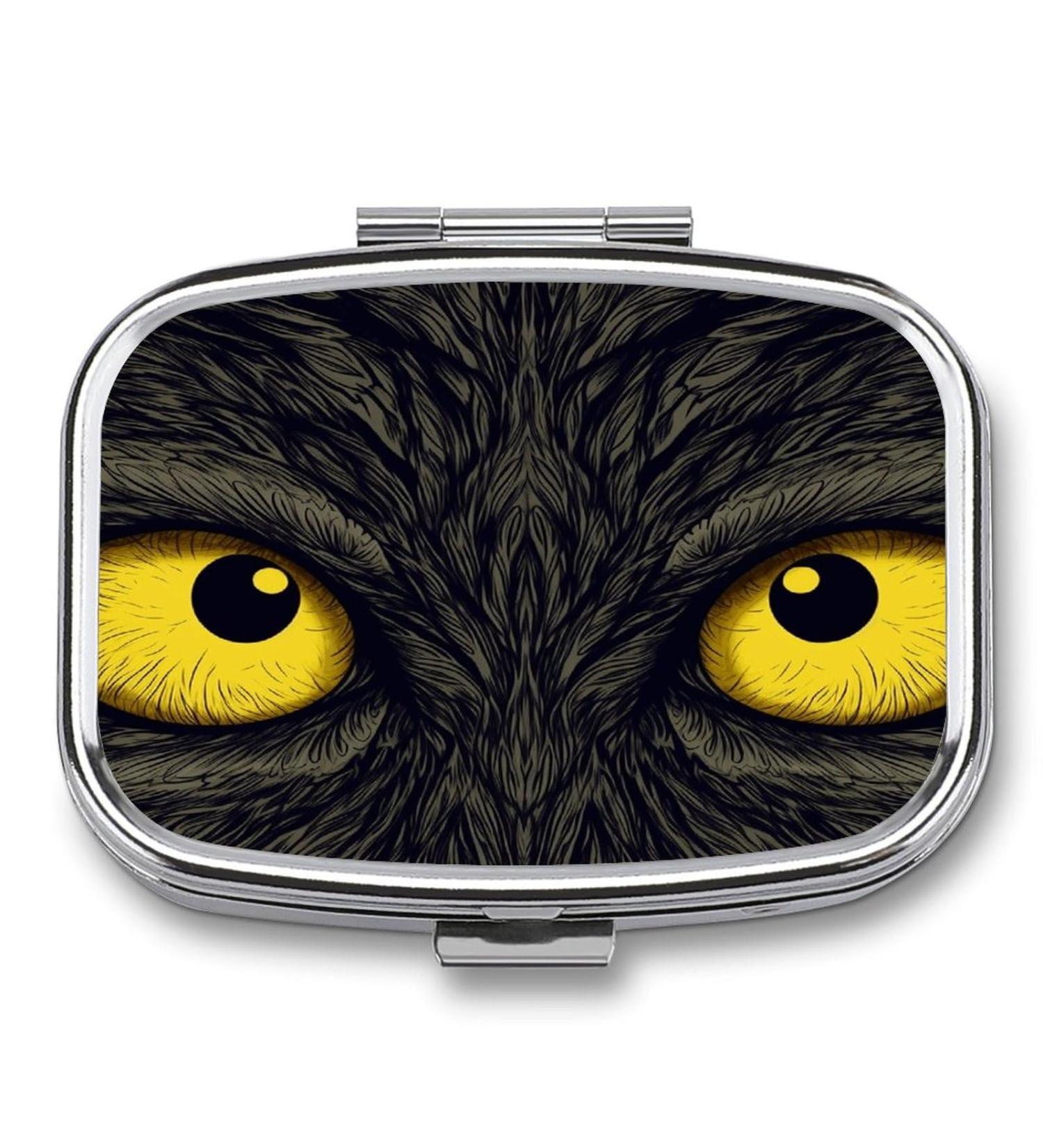 Two Yellow Eyes Pill Box | 2 Compartment Medicine Organizer | Portable Decorative Metal Pill Case for Pocket & Purse - Buy Online on GoSupps.com