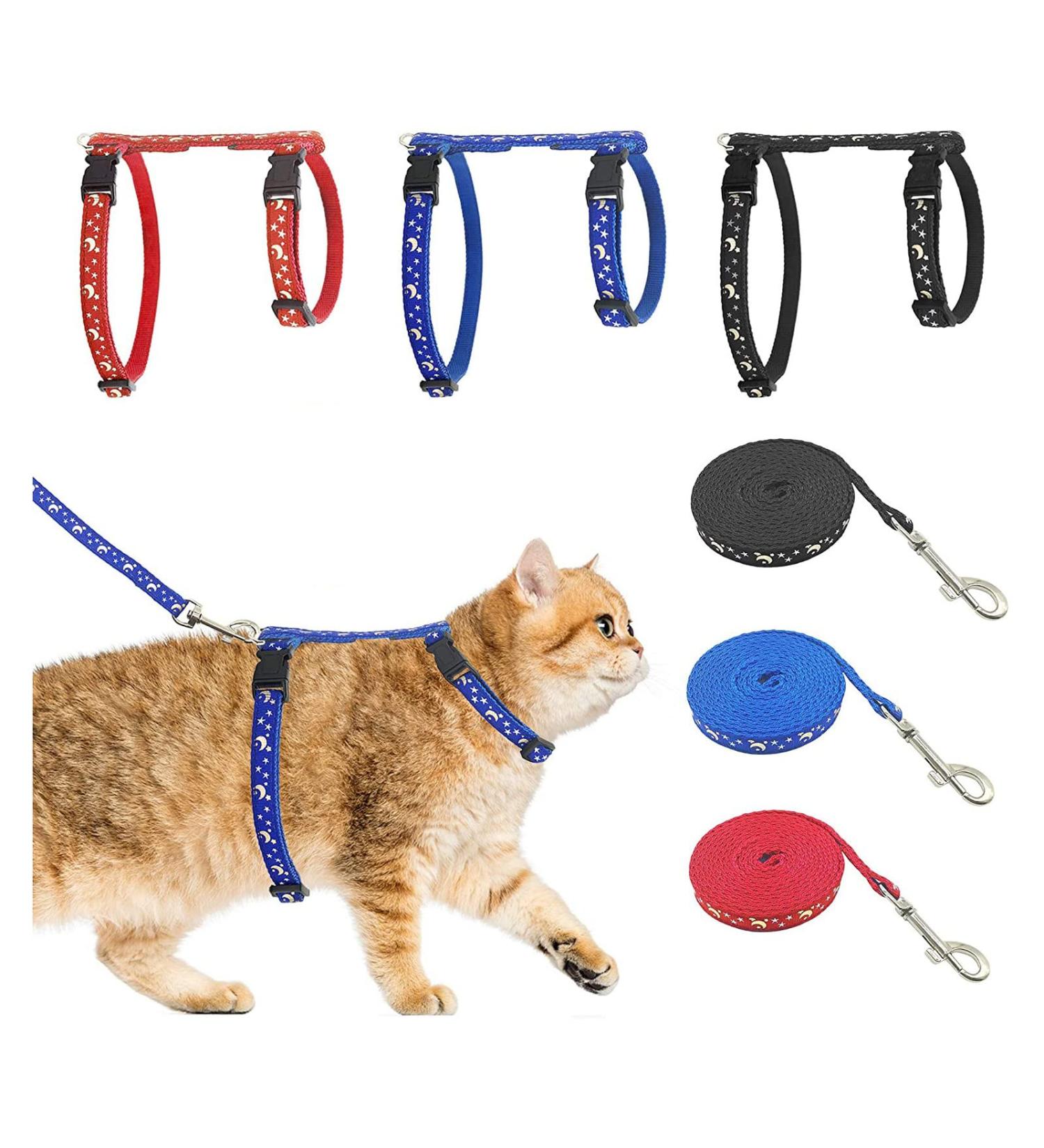 Cat Harness with Leash 3-Pack - Stars Moon Paw Heart Design - Escape Proof - for Walking Small Medium Large Cats - Black Red Blue - Adjustable & Safe - Set of 3 - Buy Online on GoSupps.com