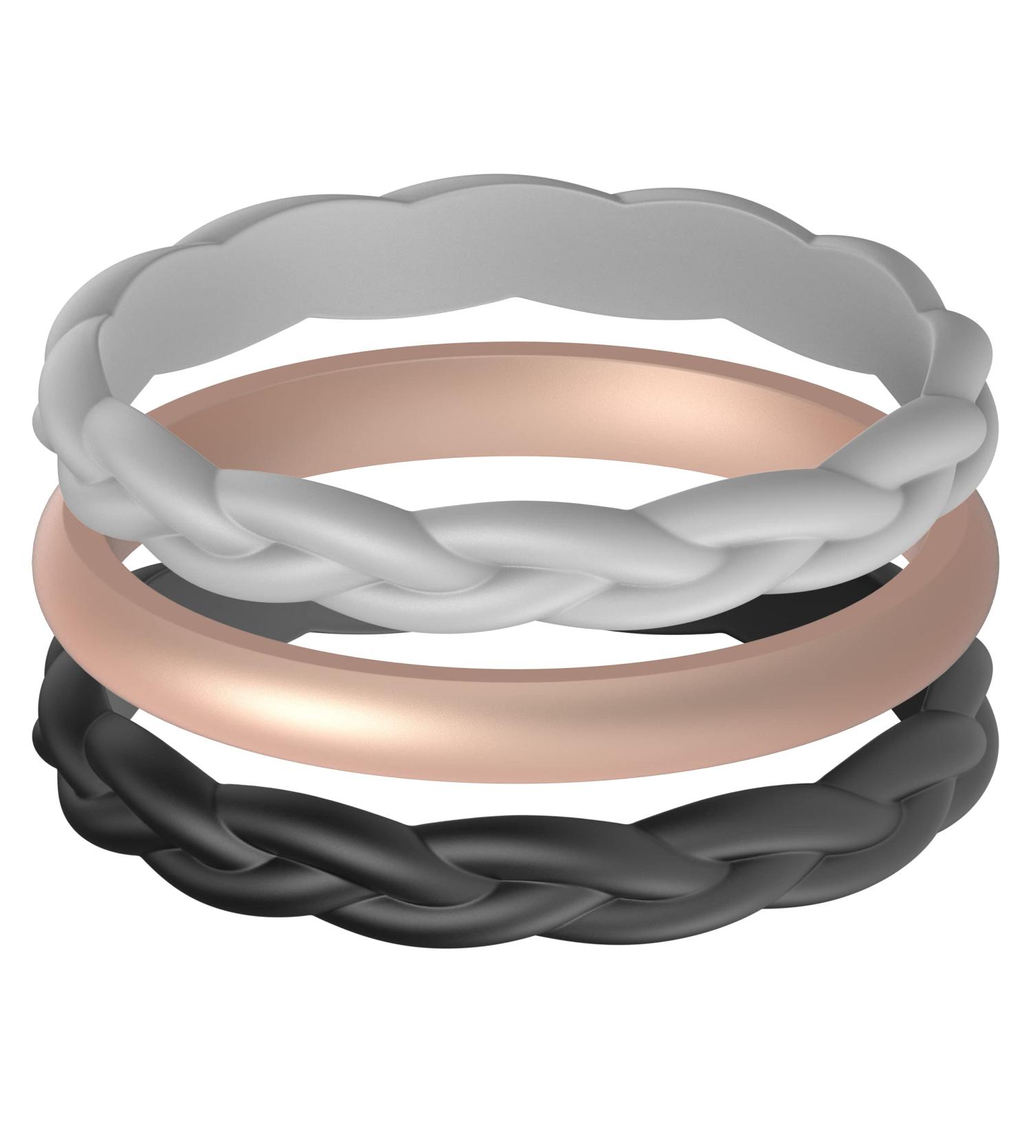 ThunderFit Women's Breathable Silicone Wedding Bands - Unique Braided Designs, Black/Grey/Thin Rose Gold, Size 8.5-9 (18.9mm) - Buy Online on GoSupps.com