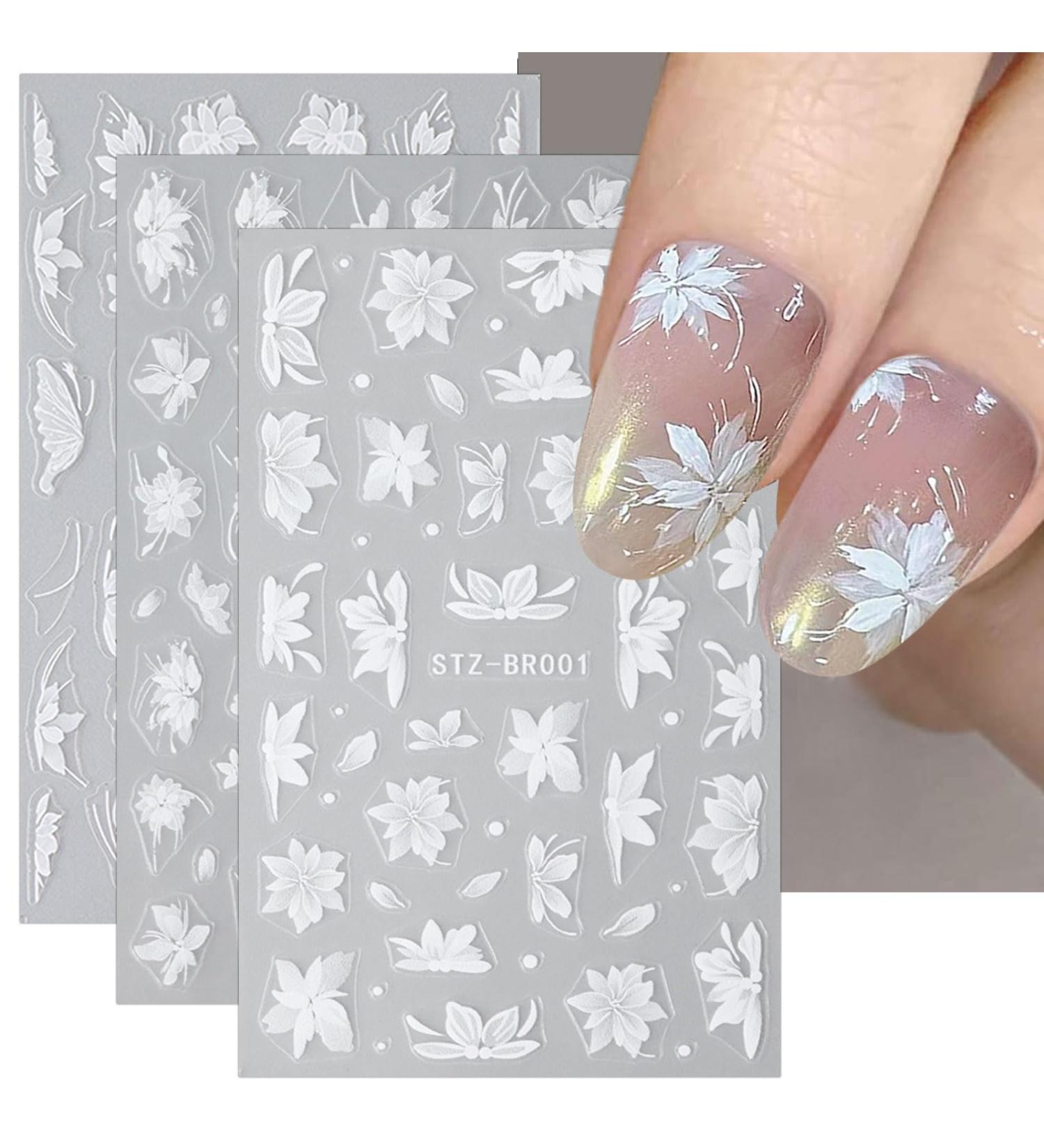 JMEOWIO 6 Sheets 3D Embossed White Flower Nail Art Stickers Decals Self-Adhesive 5D Spring Summer Floral Nail Supplies Nail Art Design Decoration Accessories - Buy Online on GoSupps.com