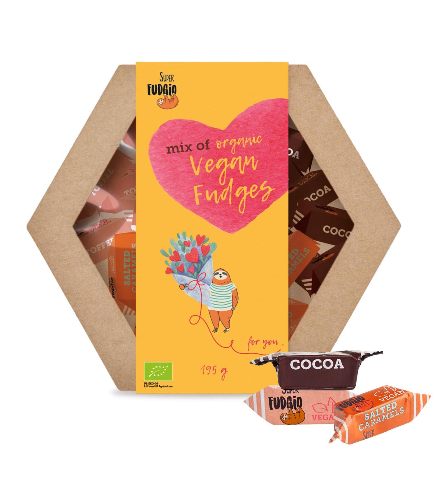 Super fudgio organic vegan candy in the mix gift box |Gluten -free |Organic caramel candies without palm oil |With organic coconut milk and coconut sugar |195g |Toffee cocoa carmel and salt