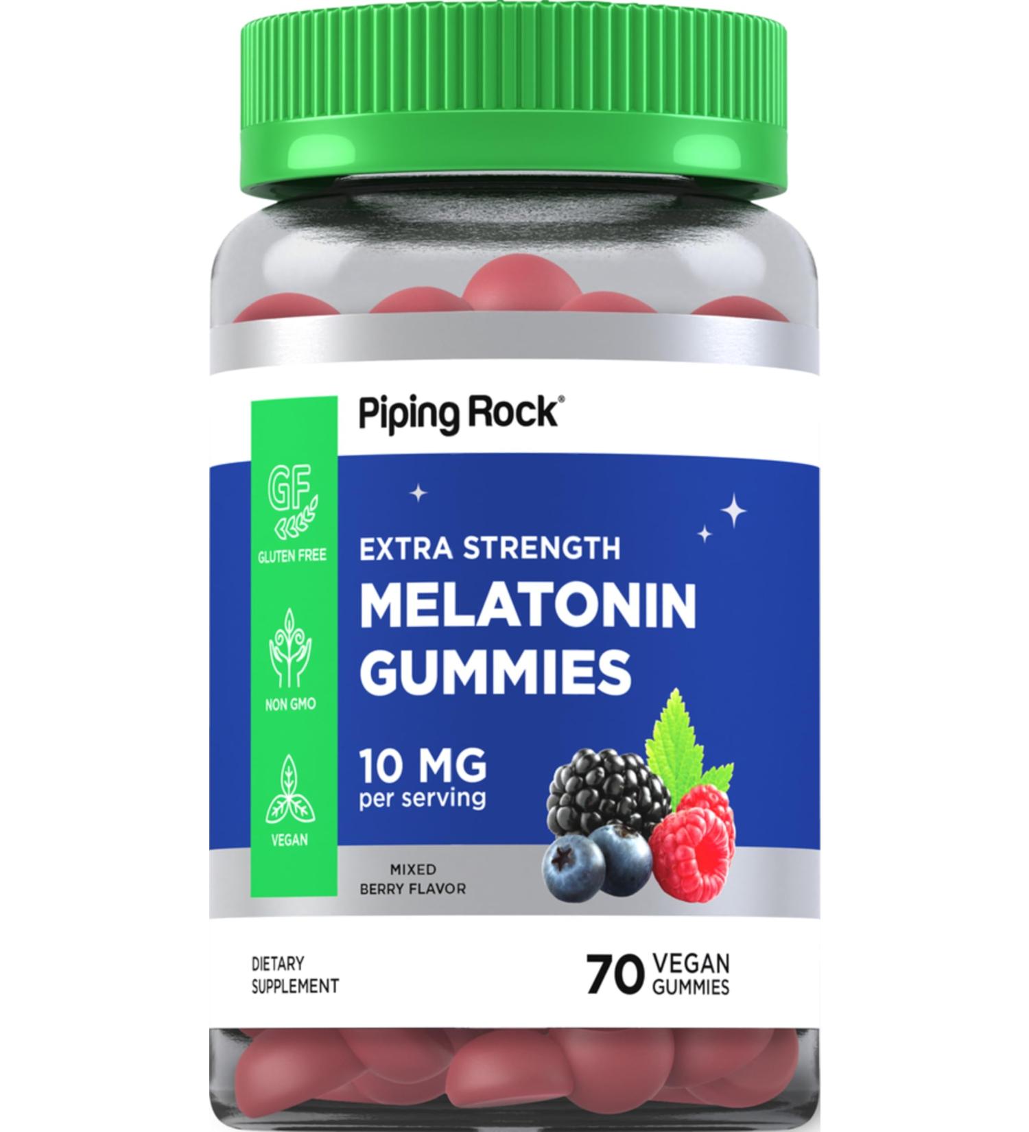 Piping Rock Melatonin Gummies 10mg | 70 Vegan Adult Gummies | Berry Flavor | Non-GMO Gluten Free - Buy Online on GoSupps.com