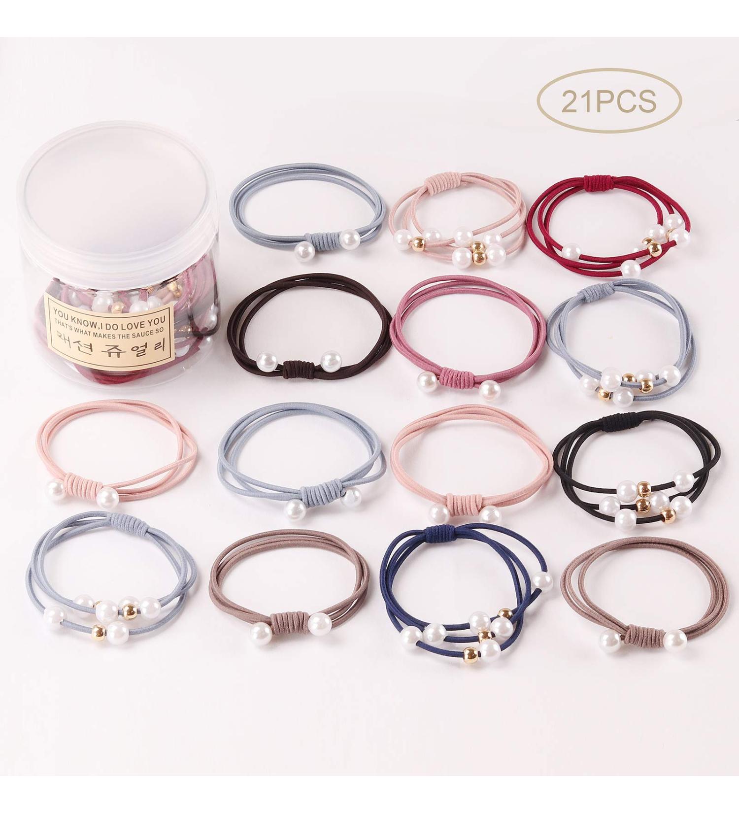 Seatecks Elastic Hair Tie Set - 21 Pearl Hair Bands & Ponytail Holders | International Shipping Available - Buy Online on GoSupps.com