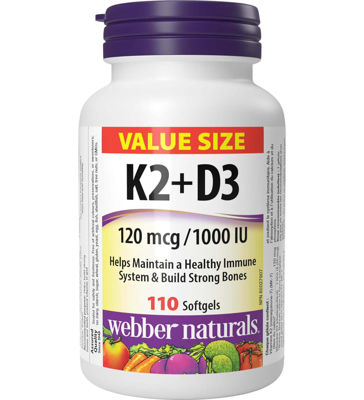 Webber Naturals Vitamin K2 with D3 110 Softgels MK-7 Formula Helps Support Bones Teeth and Immune Function - Buy Online on GoSupps.com
