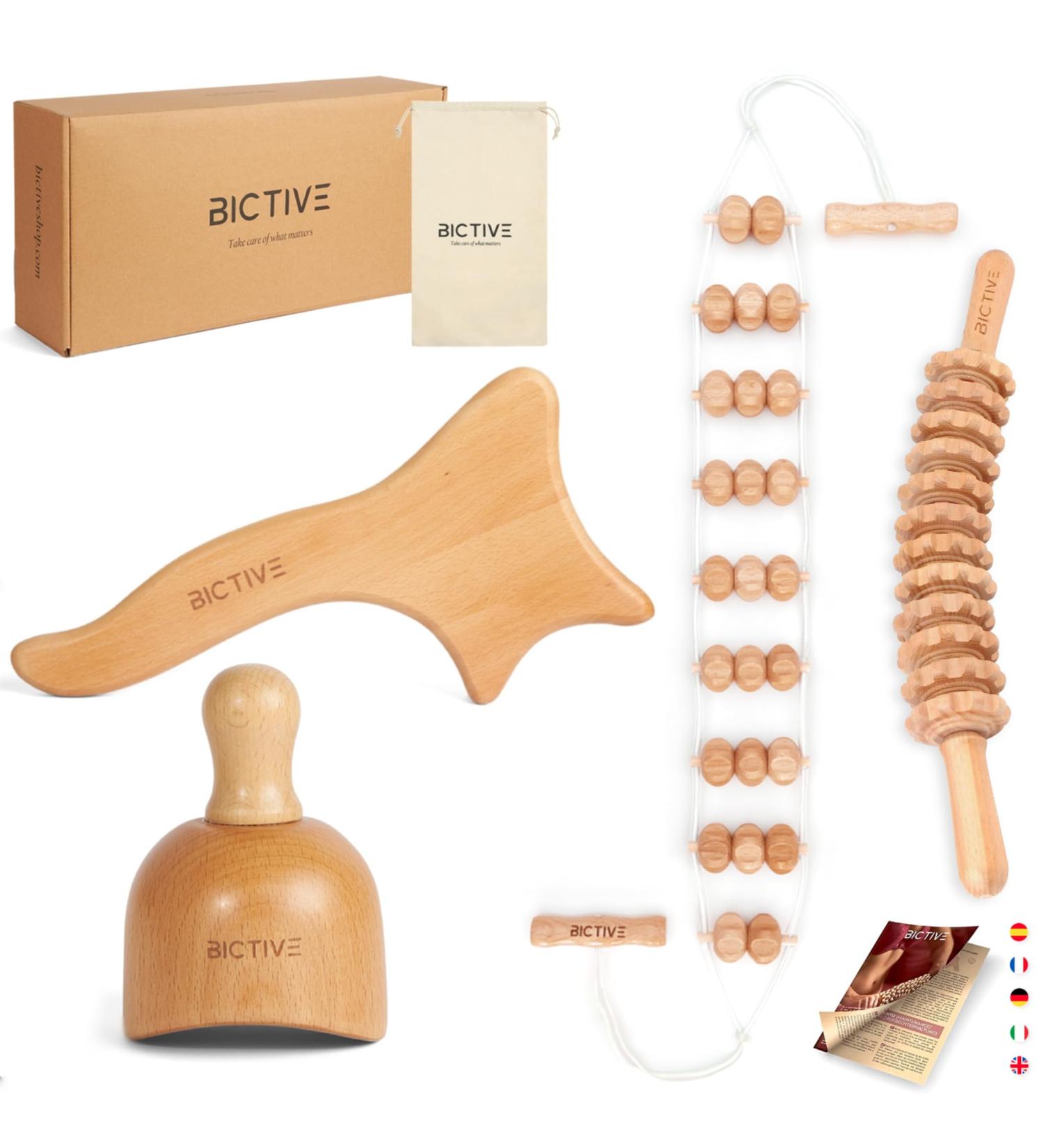 Bictive 4 in 1 Maderotherapy Set - Anti-Cellulite Massage Lymphatic Drainage Wood Rollers & Bag | Boost Body Wellness - Buy Online on GoSupps.com