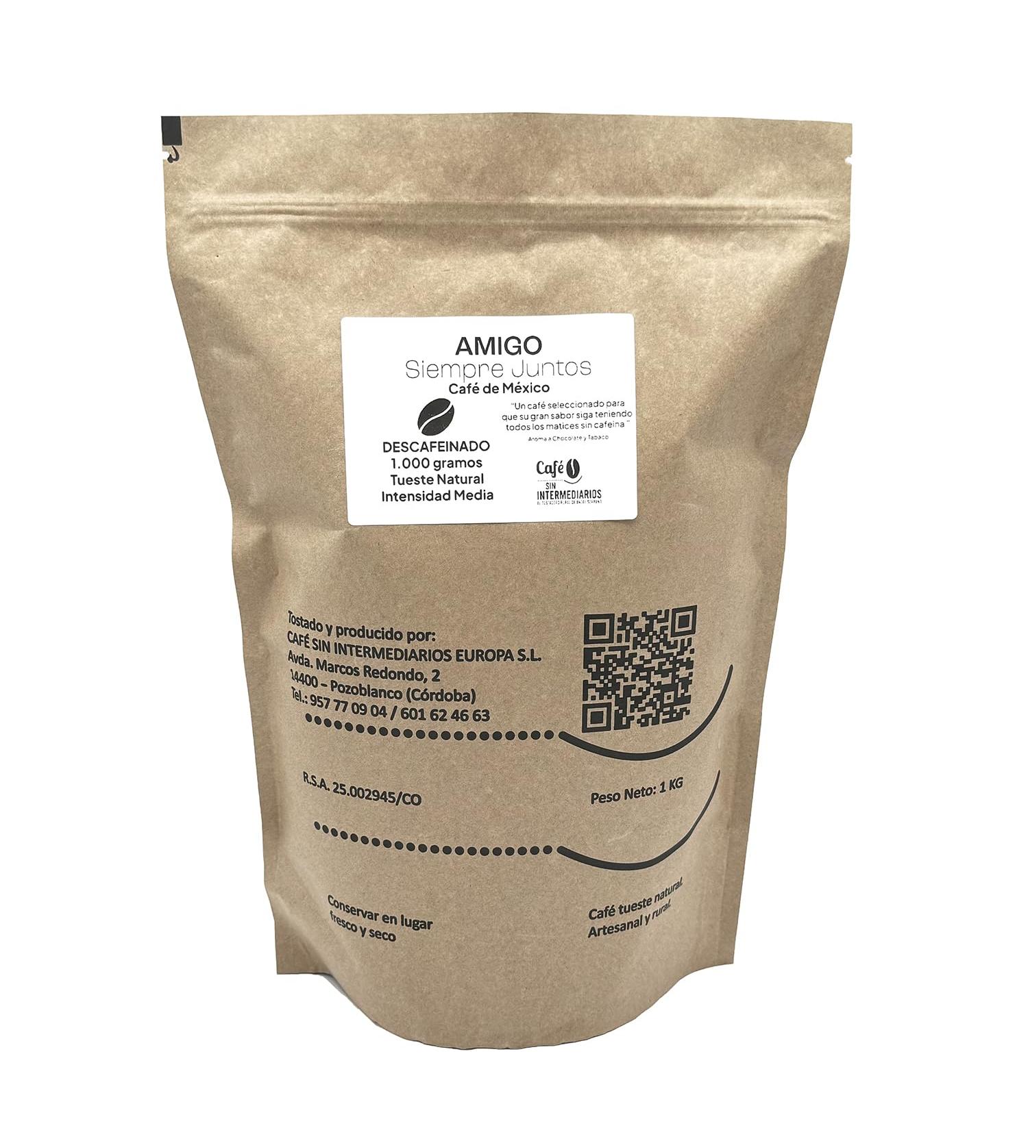 CAFE SIN INTERMEDIARIOS - Decaffeinated Coffee - Amigo En Grano unground 1 Kg - Weekly roasted and freshly packaged - Mild flavor intensity - Ideal for Milk Coffee/Black Coffee - Buy Online on GoSupps.com