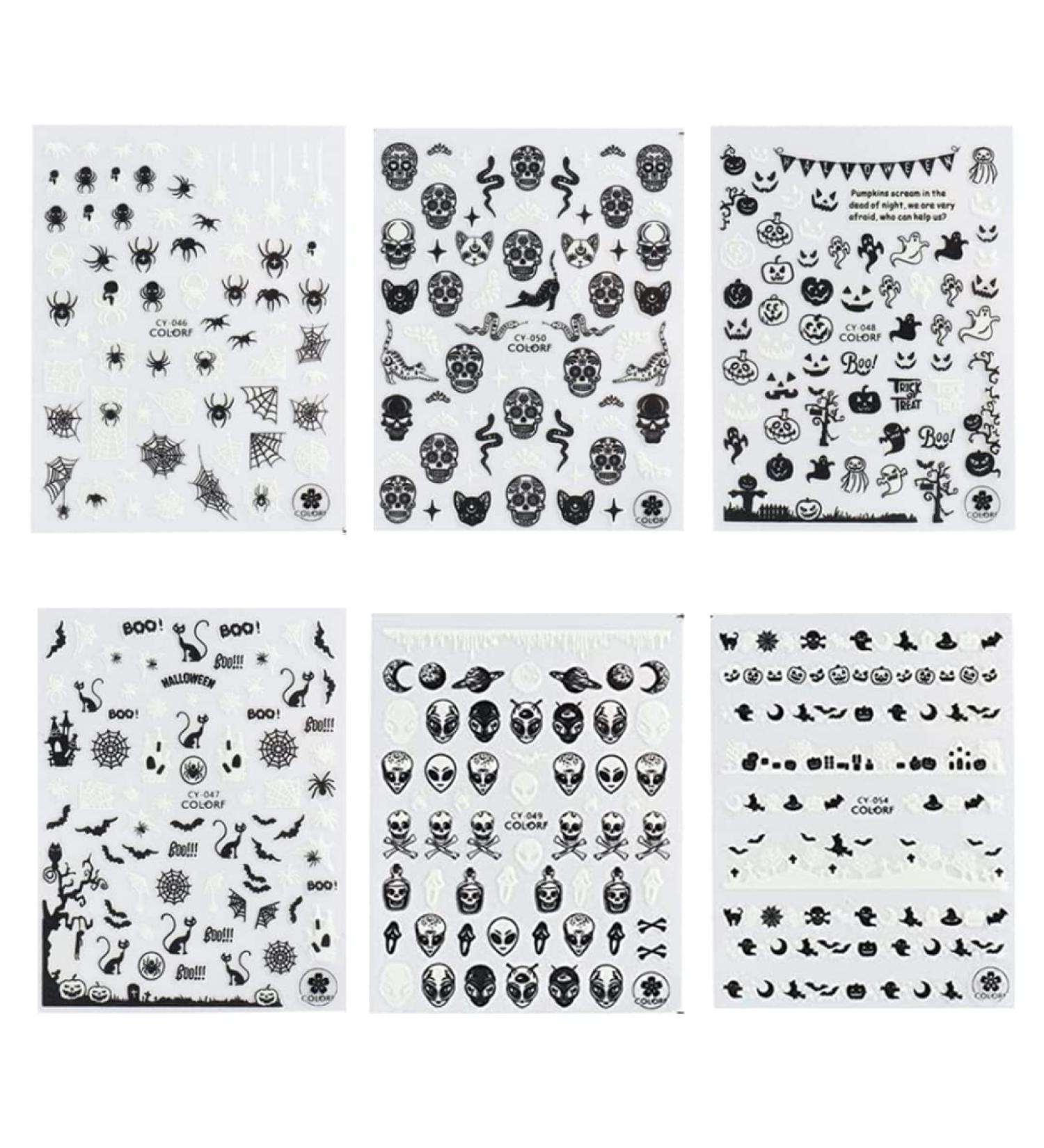 Halloween Nail Art Stickers Glow in The Dark Nail Decals 3D Self-Adhesive Fluorescent Nail Stickers Skull Spider Witch Ghost Pumpkin Bat Snake Nail Design for Women and Girls DIY Acrylic Nail - Buy Online on GoSupps.com