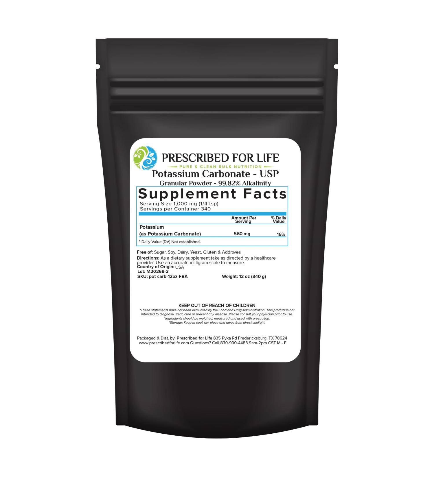 Prescribed for Life Potassium Carbonate Powder Natural USP Food Grade Potash for Plants Soap Supplements & More Pure Bulk Potassium Powder (12oz / 340g) - Buy Online on GoSupps.com
