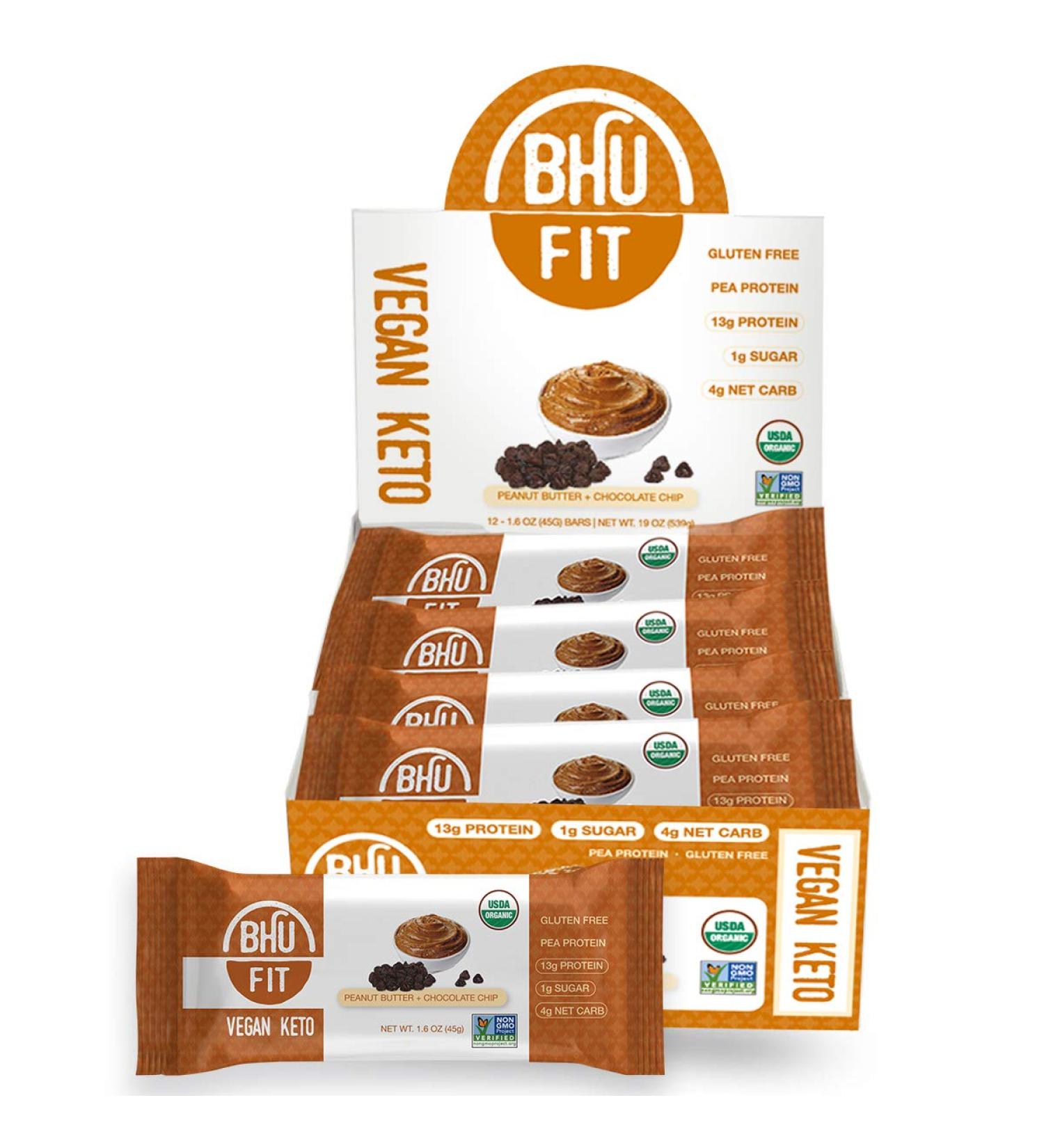 BHU Fit Vegan Protein Bars - Organic Keto Snack - Low Carb & Sugar, Grain & Gluten Free - Dairy-Free & Non-GMO (Peanut Butter Chocolate Chip) - Buy Online on GoSupps.com
