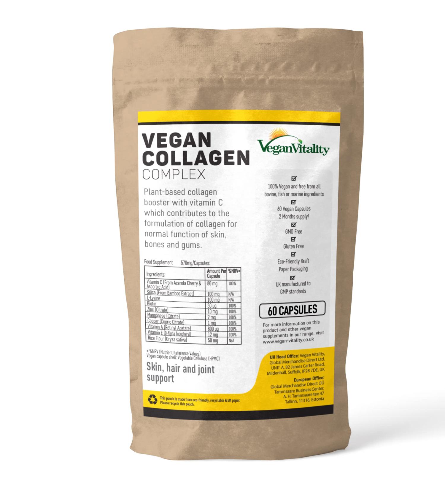 Vegan Collagen Supplement for Skin Hair Nails Joints & Bones - 2 Months Supply | With Biotin, Lysine, Bamboo Silica, Zinc, Vitamin C, E & A | Collagen for Vegans & Vegetarians | 60 Count - Buy Online on GoSupps.com