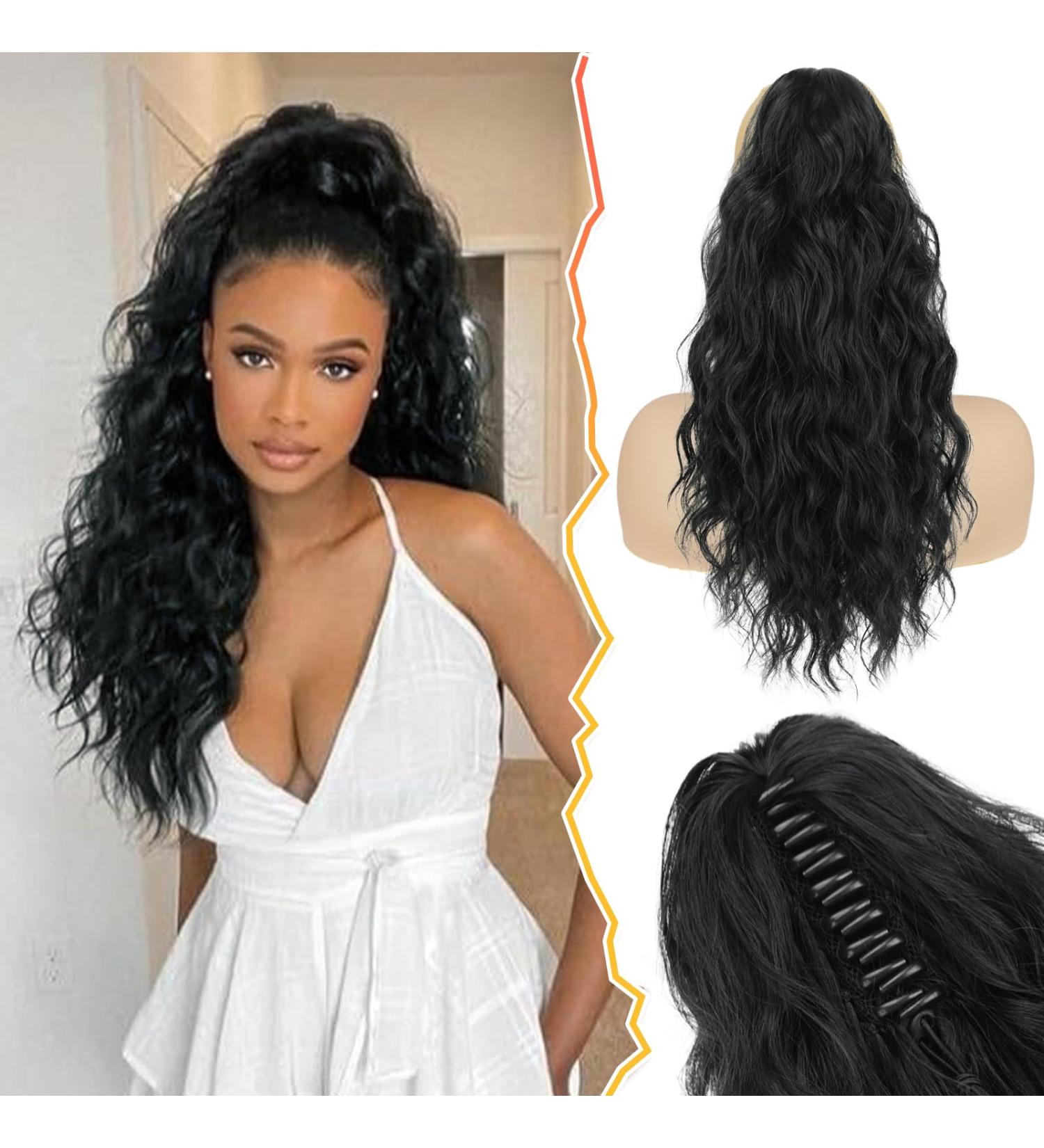 BARSDAR Ponytail Extension | Long Curly Wavy Claw Clip Hairpiece | 18'' Natural Black | Synthetic Drawstring Ponytail for Women - Buy Online on GoSupps.com