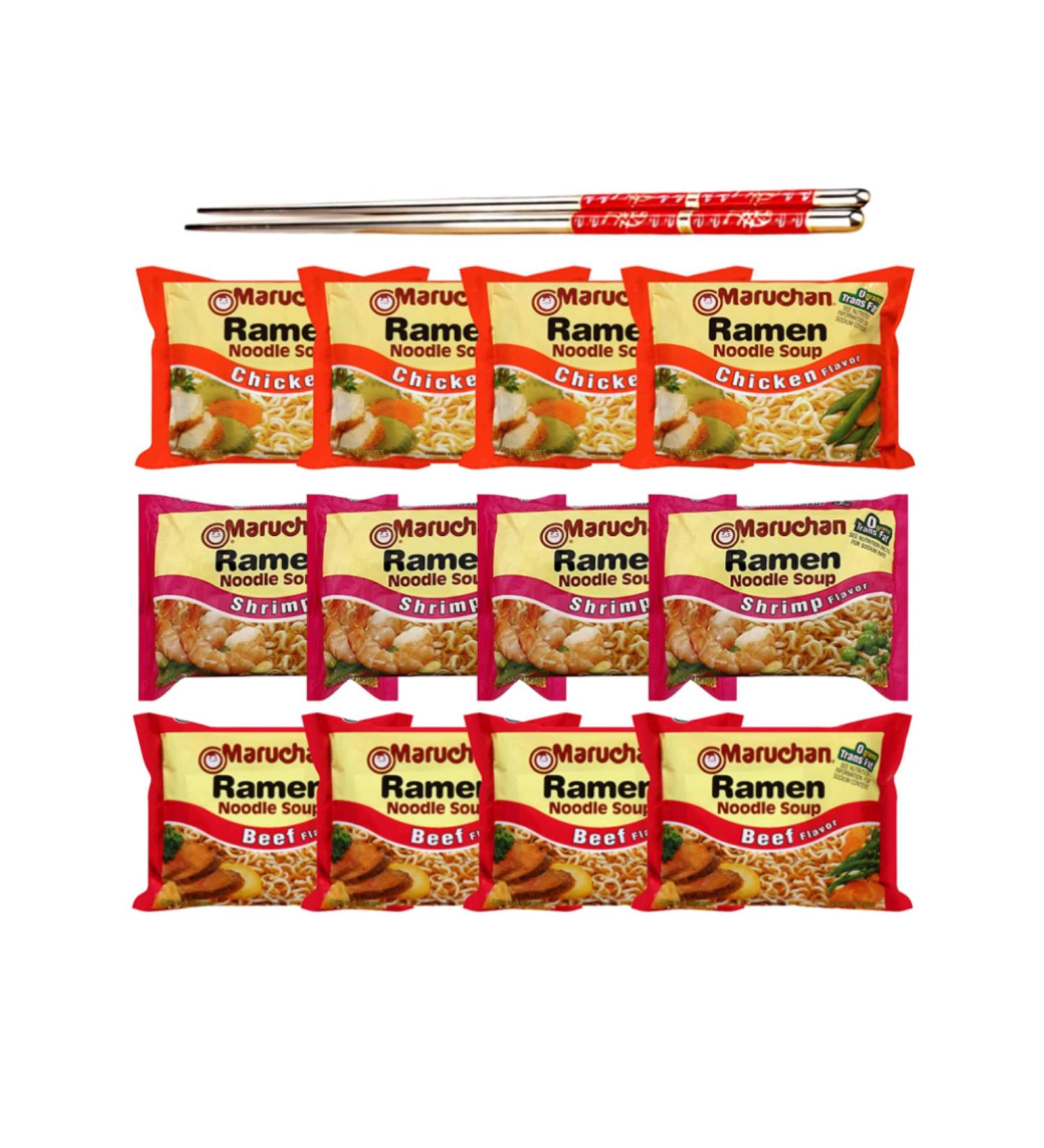 Ja Cor Instant Ramen Noodle Soup Variety Pack 3 Flavors (4) Chicken (4) Shrimp (4) Beef Flavor Noodles Bulk 3 oz Bundle with 1-Set of Reusable Chopsticks (12 Individual Packs) - Buy Online on GoSupps.com